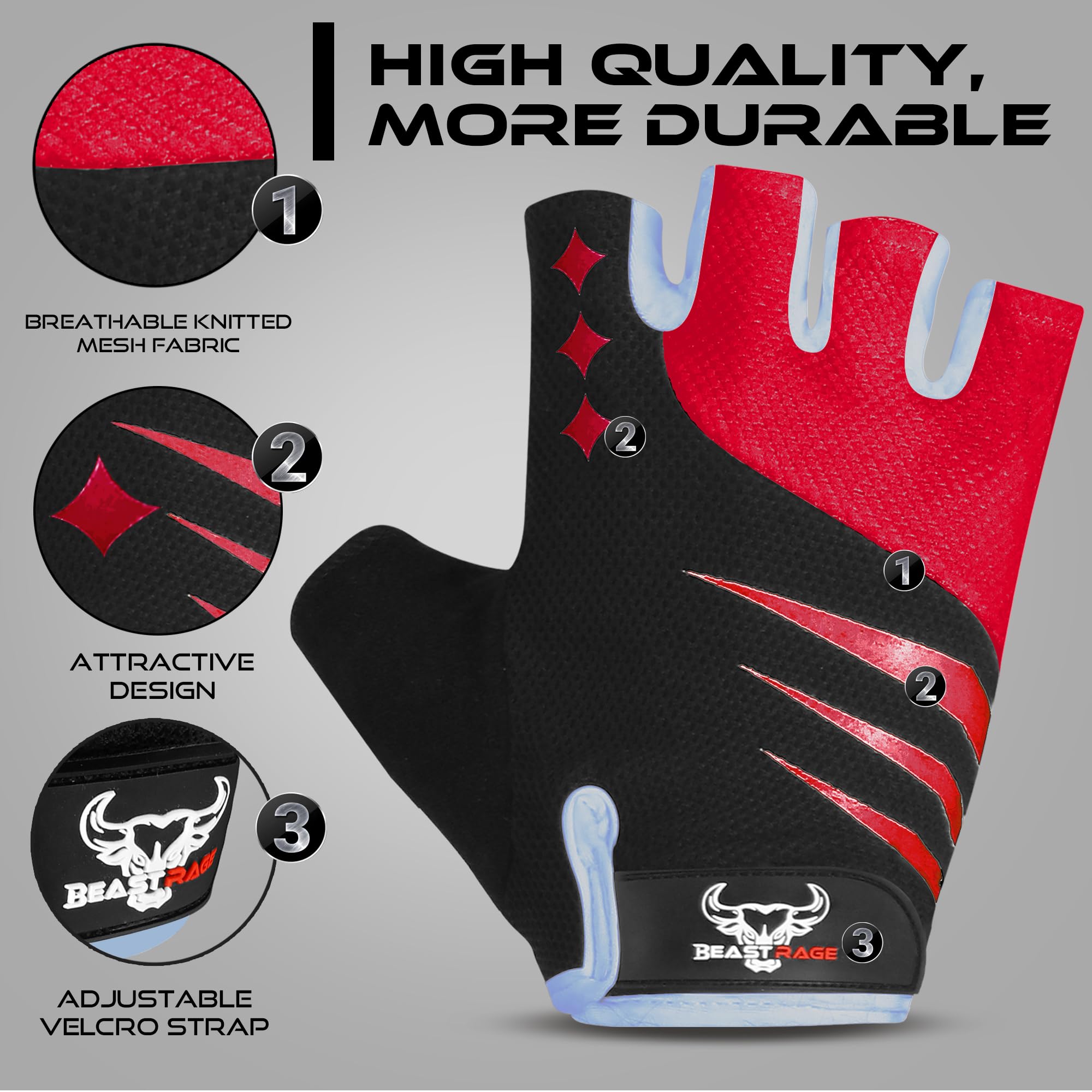 BEAST RAGE Guantes de Ciclismo de Medio Dedo para Hombres y Mujeres, Acolchados de Gel, Antideslizantes, absorción de Golpes, Guantes de Gimnasio, Guantes de Bicicleta de montaña