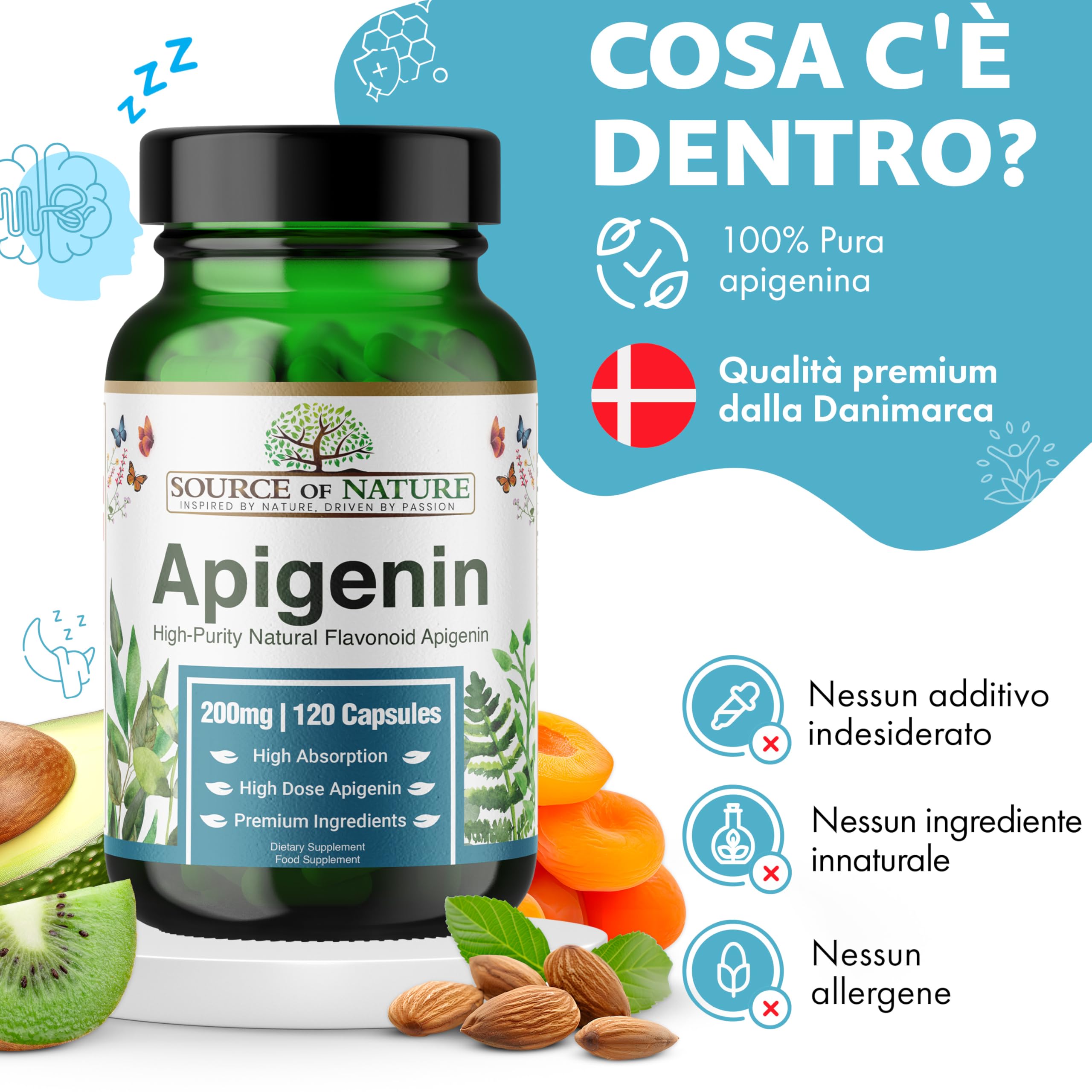 Source of Nature® | 200mg Apigenina | 120 Capsule | Integratore Premium di Flavonoidi | Senza Additivi Indesiderati | Qualità Danese Premium | Testato da Terze Parti