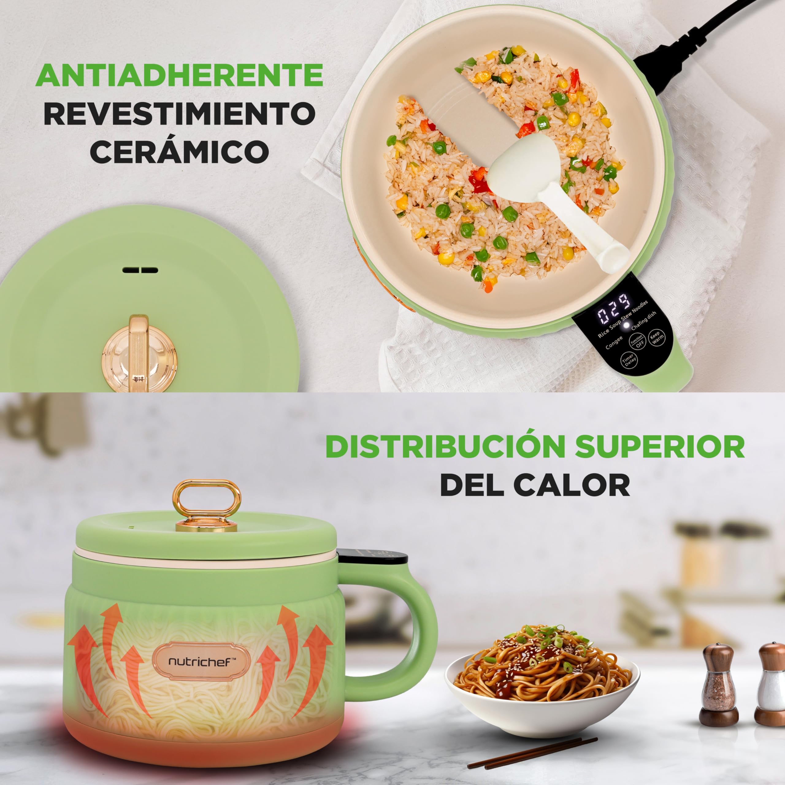 Nutrichef arrocera electrica mini, Rice cooker, Portatil, Preparador de comidas, Recubrimiento ceramico antiadherente, Panel de control digital, 6 funciones de coccion, 1.5L