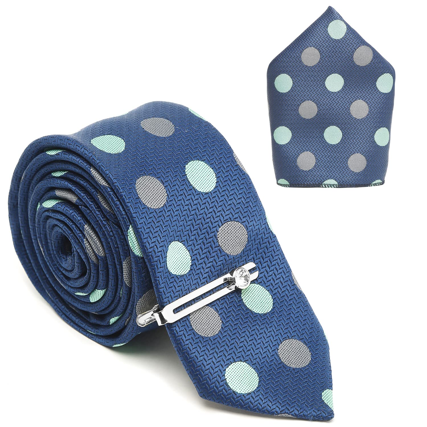 louis stitch Mens Polka Dotted Blue Italian Silk Necktie Set With Pocket Square and Silver Chrome Pin (Suit Accessories) (Prague)-picture-15