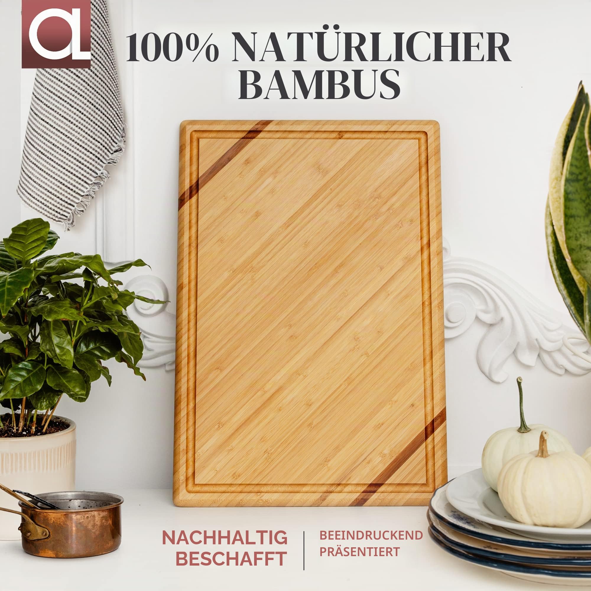 Wellspring Schneidebrett Holz - Luxuriöses Großes Bambus Küchen Holzbrett - 45 x 30cm - Tranchierbrett, Holzbrett mit Saftrille - Die Perfekte Holzbrett Küche zum Hacken und Servieren