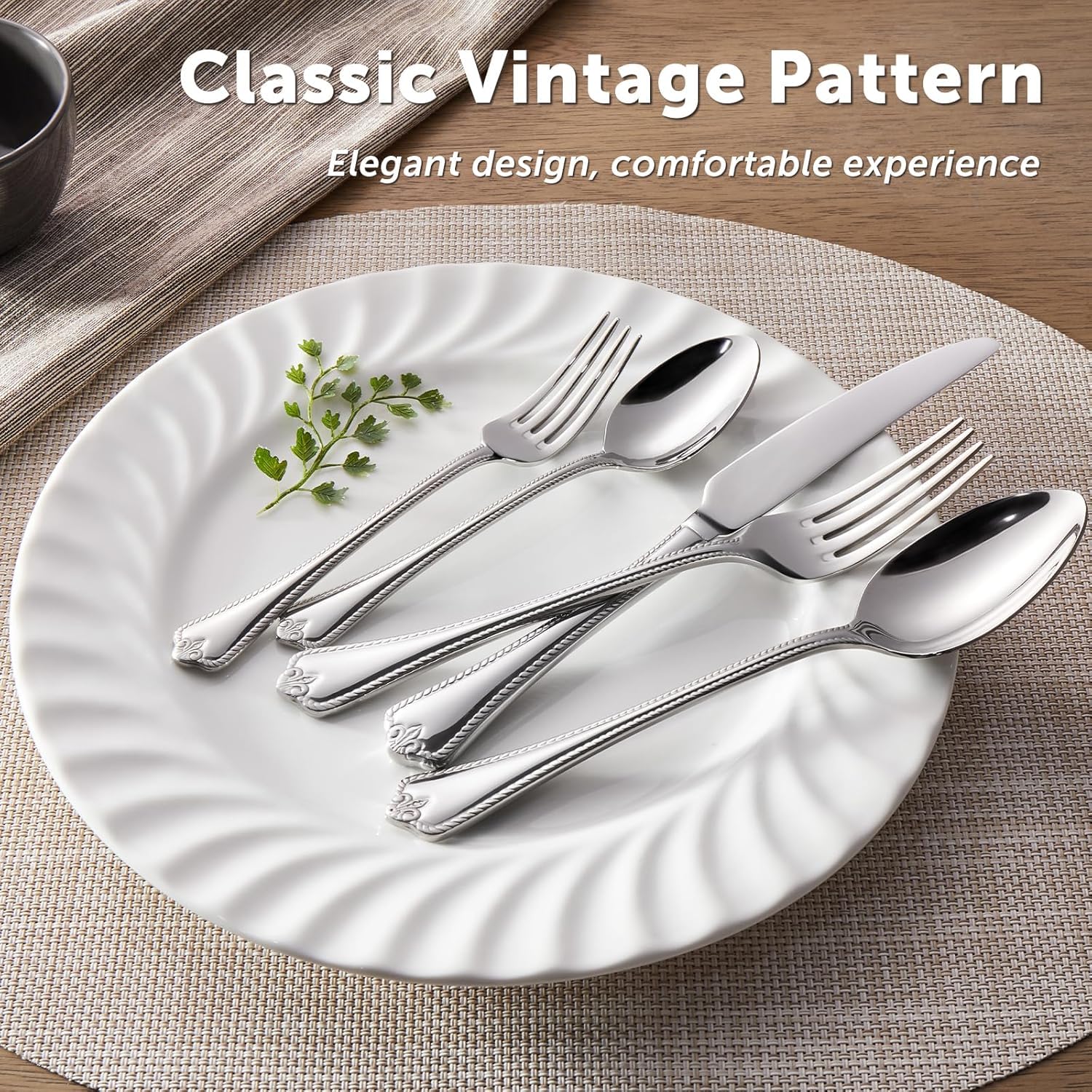 HIKAA 30-Teiliges Edelstahl Besteck Set 6 Personen, 18/10 Besteckset | Chippendale Essbesteck Spiegelpoliert, Spülmaschinenfest, Cutlery Set für Zuhause, Restaurant, Hochzeit, Party, (Silber）