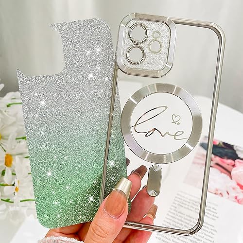 Vista 166 de Fiyart - Funda transparente magnética con purpurina para iPhone 12 para mujeres, con grabado "Love" metálico, protección para cámara y antigolpes