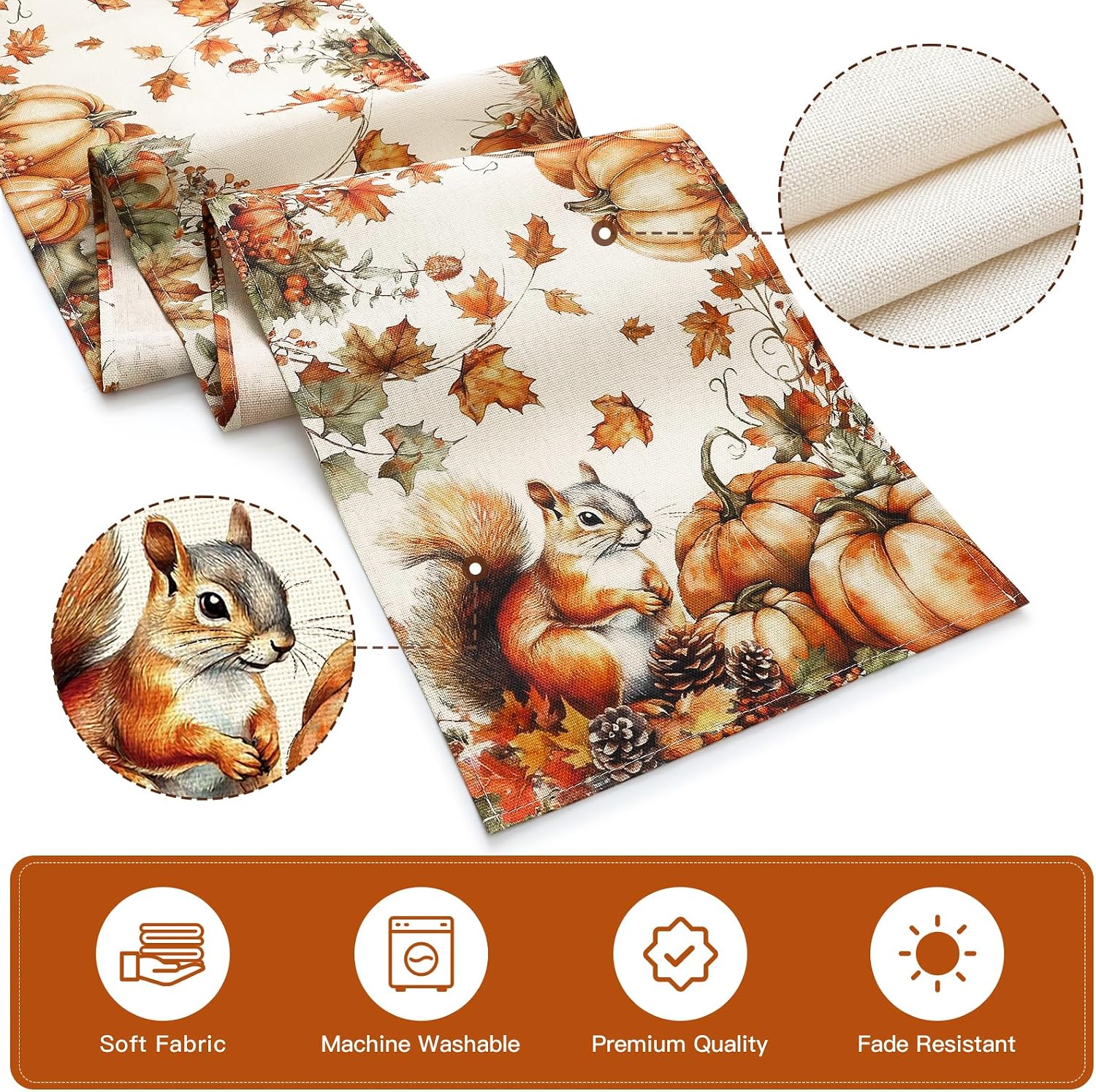 Artscope Fall Pumpkin Squirrel Table Runner, Autumn Thanksgiving Holiday Kitchen Dining Table Decoration for Fall Home Decor 13x72 Inch