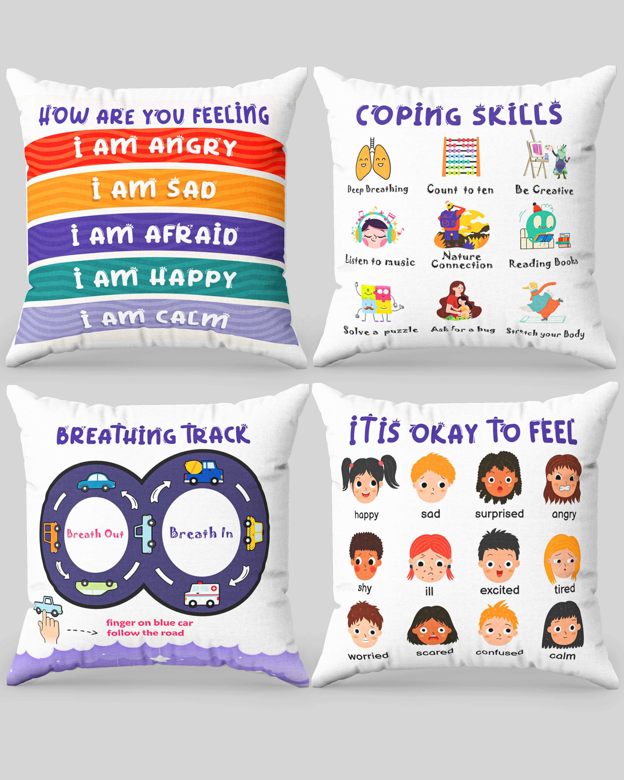 OLEEK Calming Corner Items 2 Kids Pillow case - Calming Pillows for Classroom - Emotions Pillow Calm Down Corner Supplies - Calm Corner Must Haves -