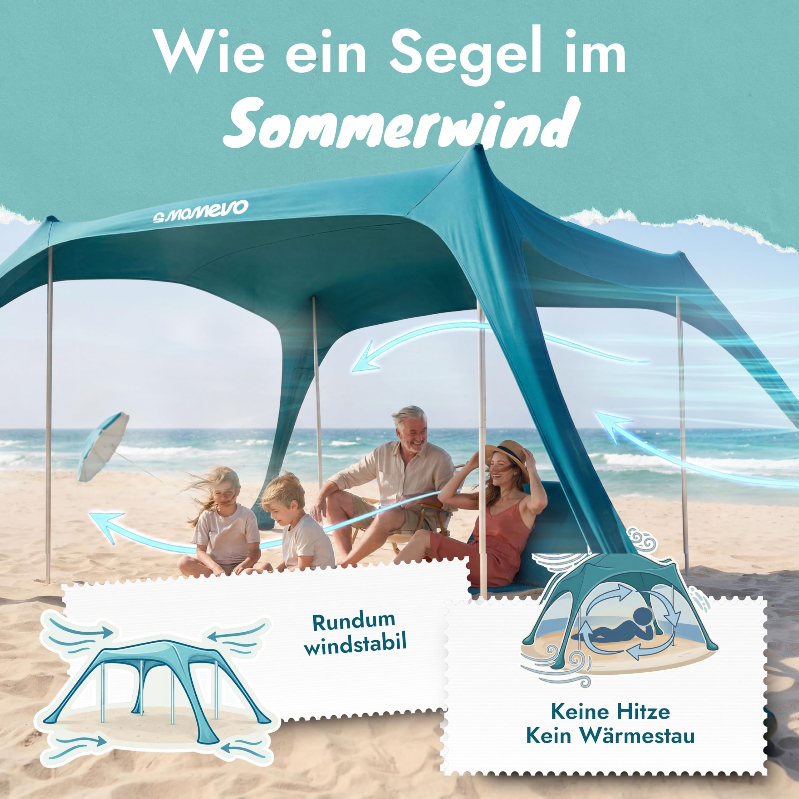 Sunsail XL Strandzelt, Sonnensegel Strand, XXL Strandmuschel | Next Level Strandmuschel, windstabil & leicht, UV-Schutz UPF 50+, einfacher Aufbau in Sekunden