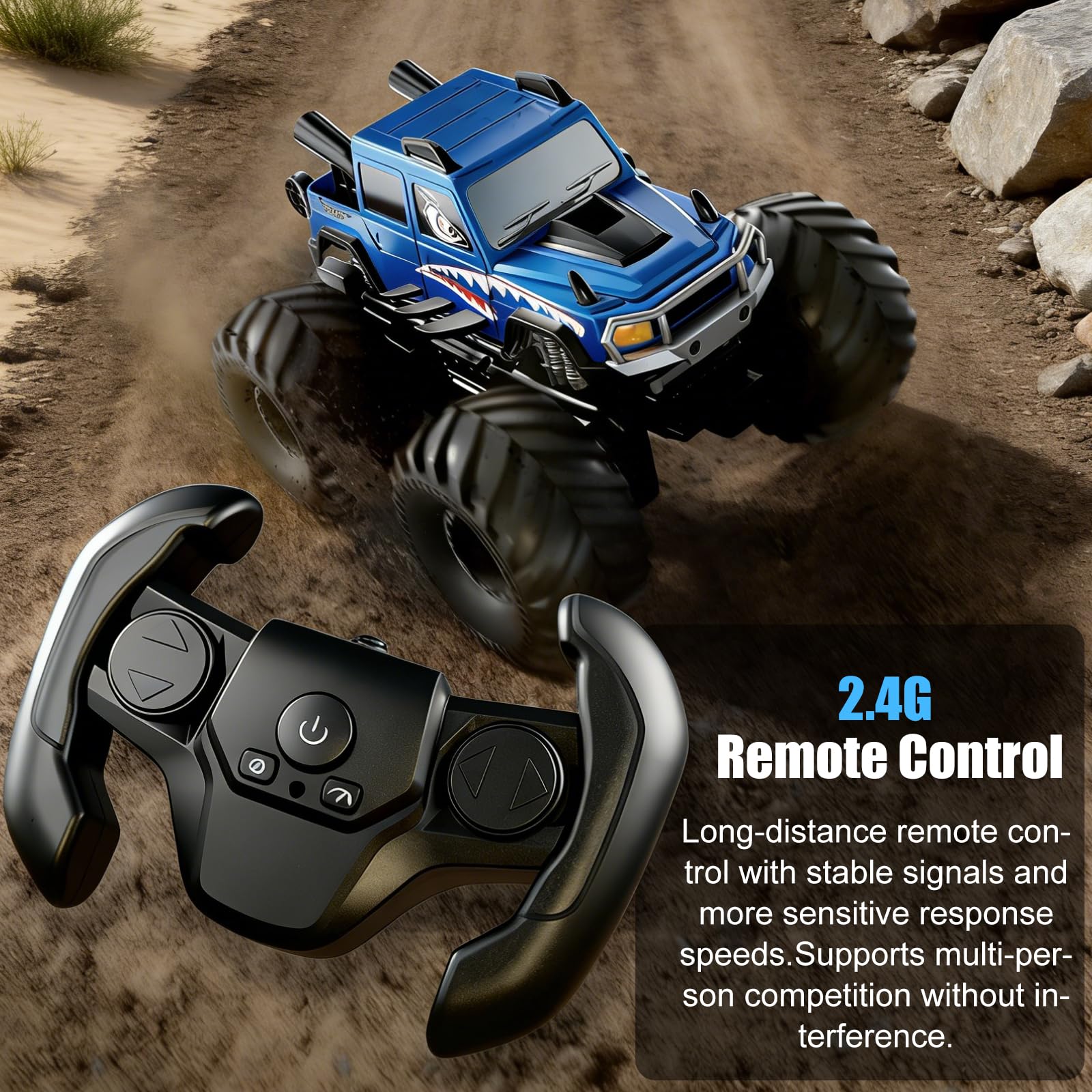Macchina Telecomandata per Bambini, 2.4GHz 4WD Impermeabile Doppio lato Monster Truck Veicolo Anfibio Telecomandato con Sensore Gesti, Off-Road Auto RC per Sabbia, Prato, Acqua e Terreno