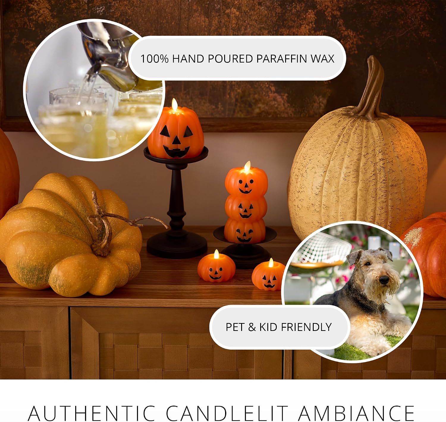 Luminara Russet Orange Jack-o-Lantern Tealights (2.8" x 2.1"), Pack of 2, Real Wax Moving Flame LED Candle Battery Operated with Timer Function