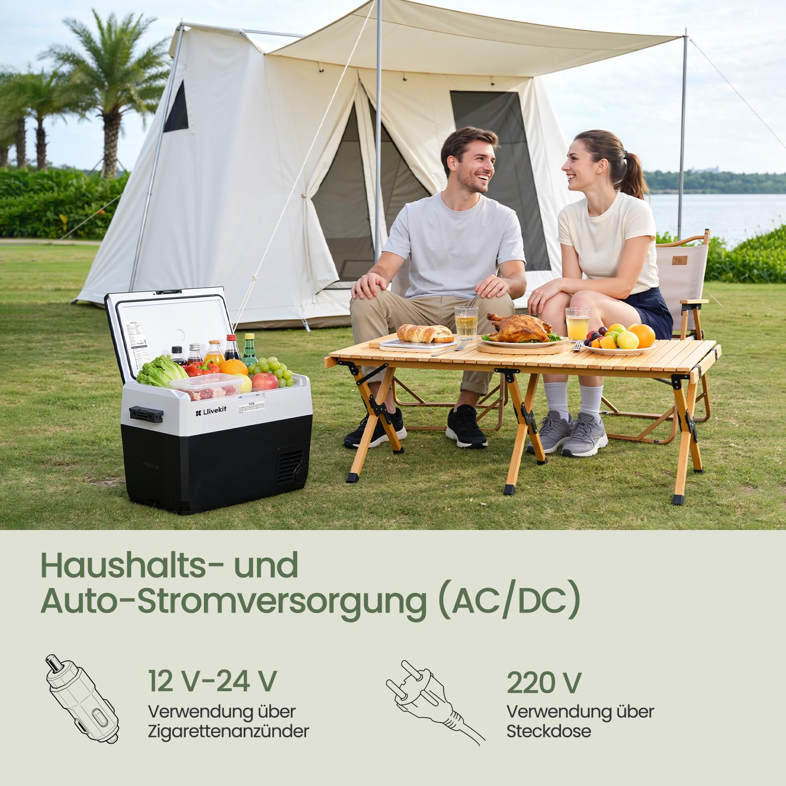 LLIVEKIT 40L Kompressor Kühlbox, -20~20°C, Tragbarer Kühlschrank, 12/24V DC | 100-240V AC, mit Beleuchtung, für Auto, LKW, Camping, Boot, Zuhause, AC und DC-Kabel, Schwarz