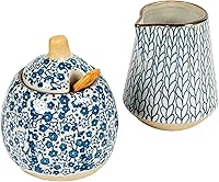 Creative Co-Op Hand-Painted Stoneware Sugar & Creamer Set with Lid & Wooden Spoon - Blue Patterns