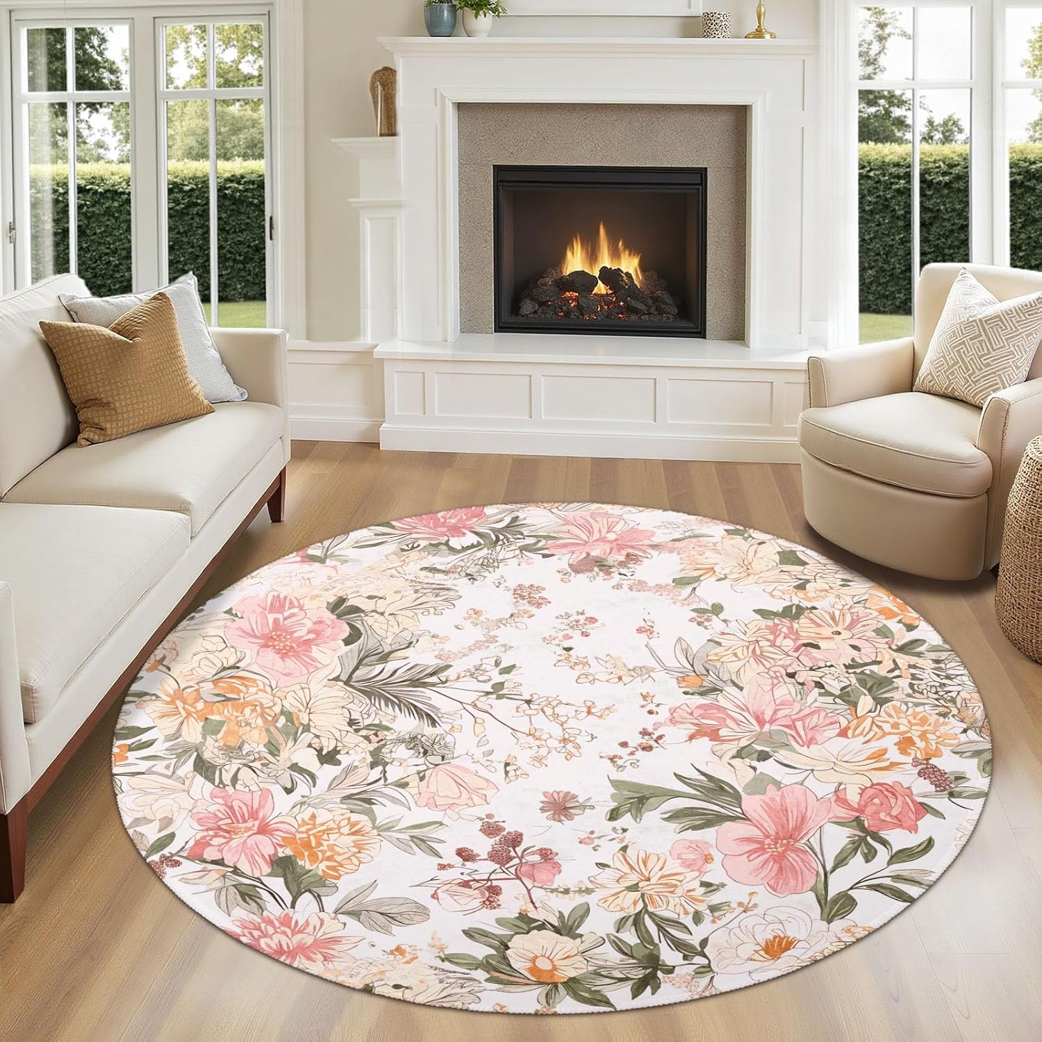 Pink Green Floral Round Area Rug 4ft,Machine Washable Boho Modern Oriental Flower Leaf Round Rug Non-Slip Circle Rugs Low-Pile,Indoor Floor Carpet Mat for Living Room Bedroom Kitchen Dining Entryway