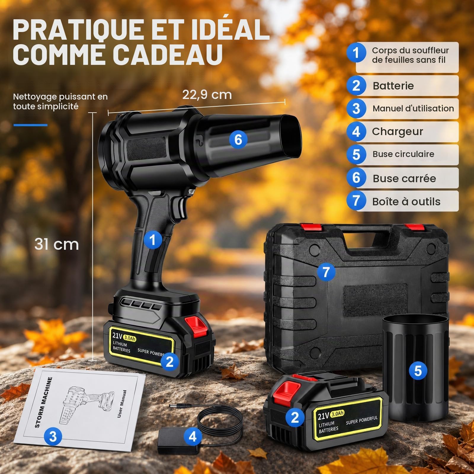 Souffleur turbo 3000W - Souffleur de feuilles électrique à batterie avec 2 batteries, moteur sans balais 30 000 tr/min, souffleur électrique à poussière/air pour feuilles, neige et poussière - réglage