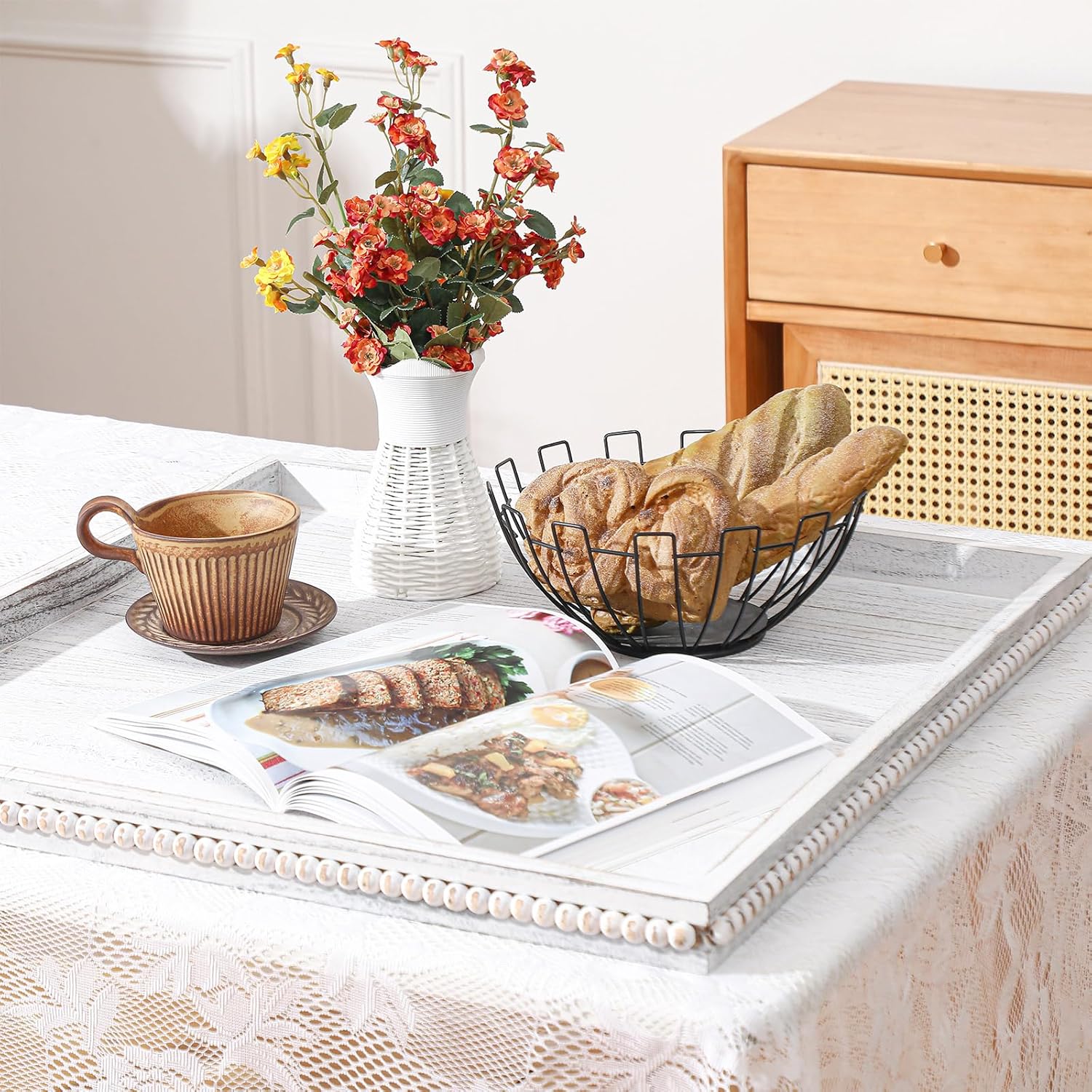 Extra Large Square Ottoman Table Tray with Wooden Bead 24 Inch Rustic Washed Wooden Serving Tray Multipurpose Farmhouse Decorative Square Ottoman for Coffee Table Platter Room Kitchen Counter