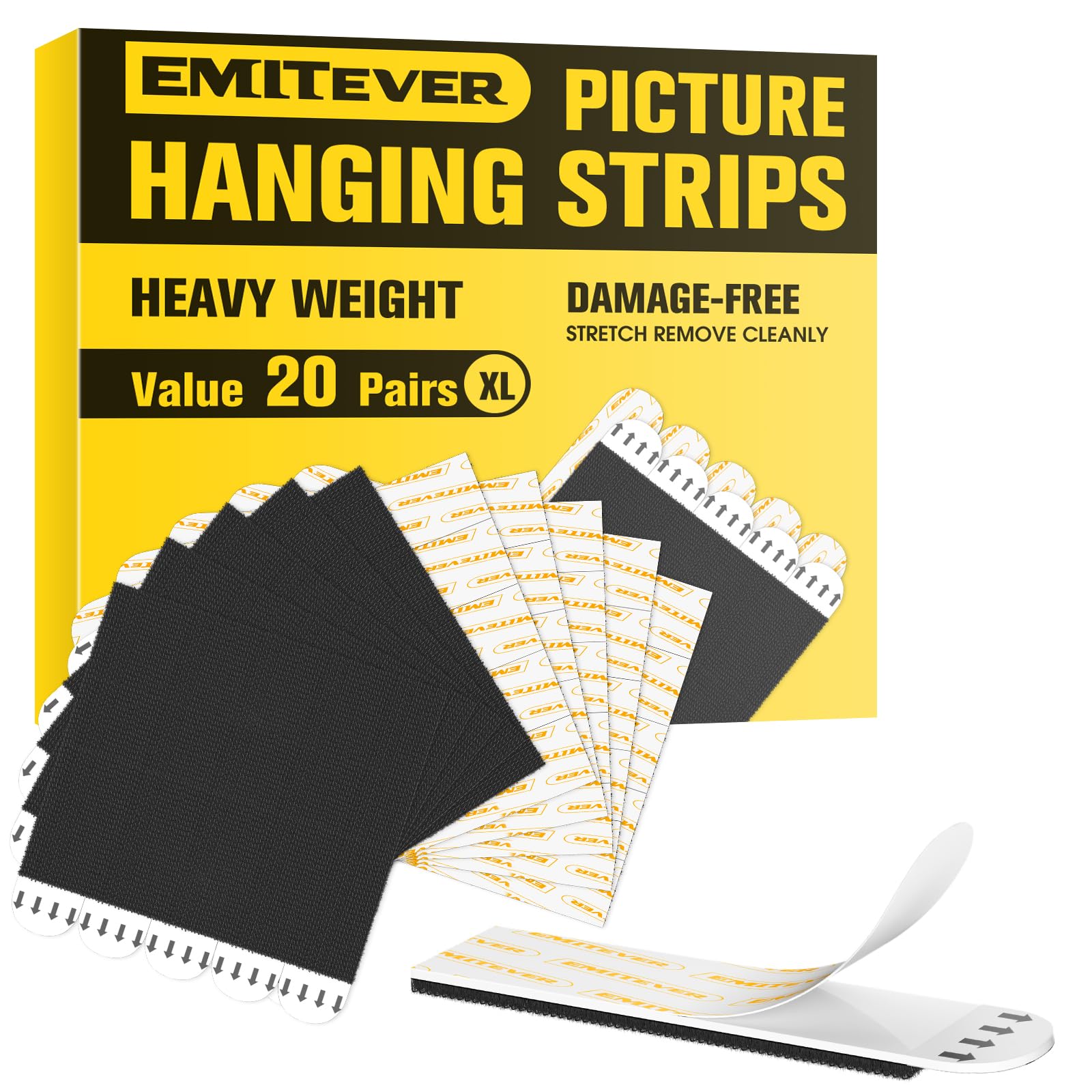 Picture Hanging Strips Heavy Duty, XL-20 Pairs(40 Strips), Holds up to 7.2 KG, No Damage Picture Adhesive Strips, Hook and Loop Mounting Tape Black