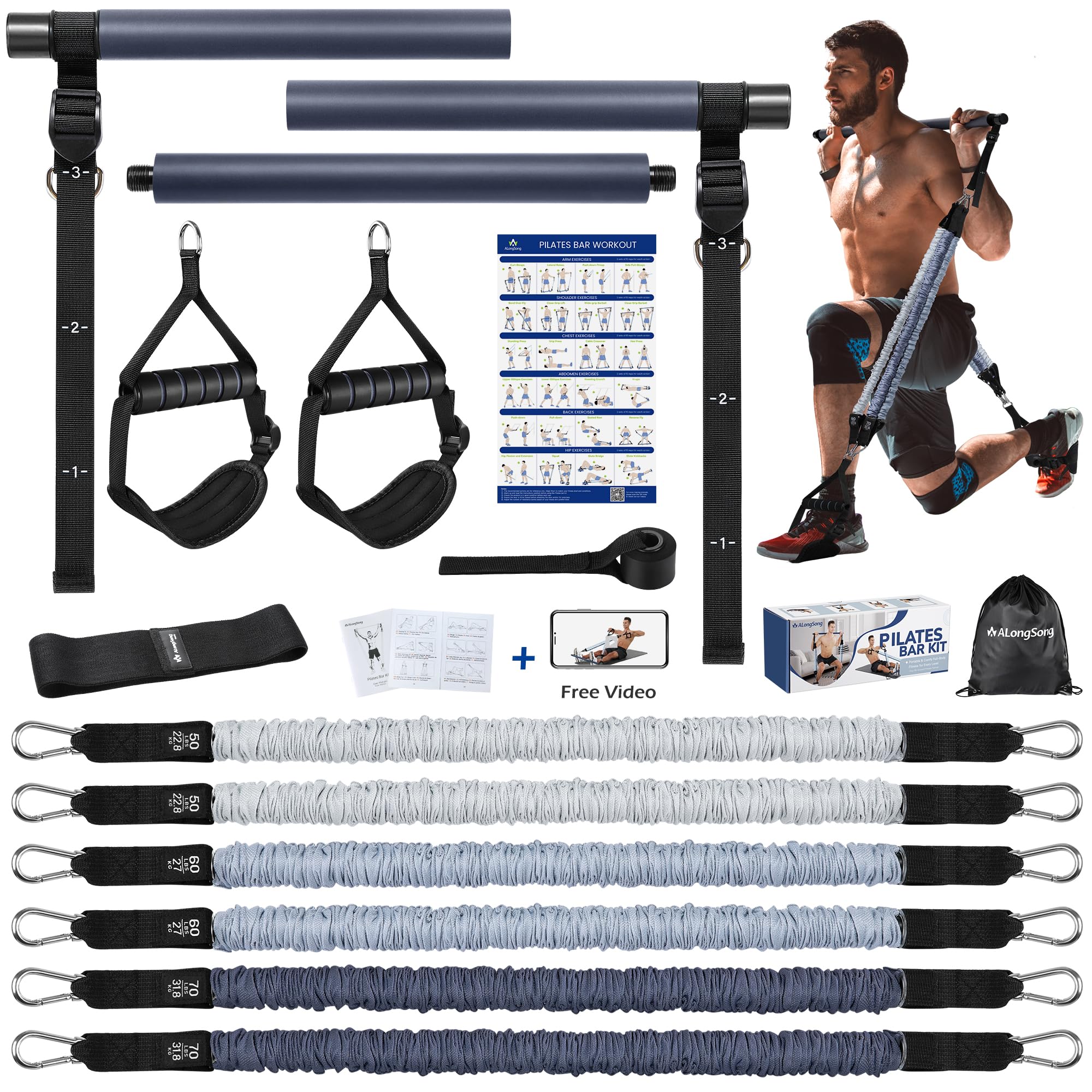 ALongSong Fitnessbänder mit & Pilates-Stange,Griffen,Türanker,6 Widerstandsbänder 50-360lbs und Stoffschutz - Trainingsbänder für Krafttraining zu Hause Fitness/Yoga/Gym