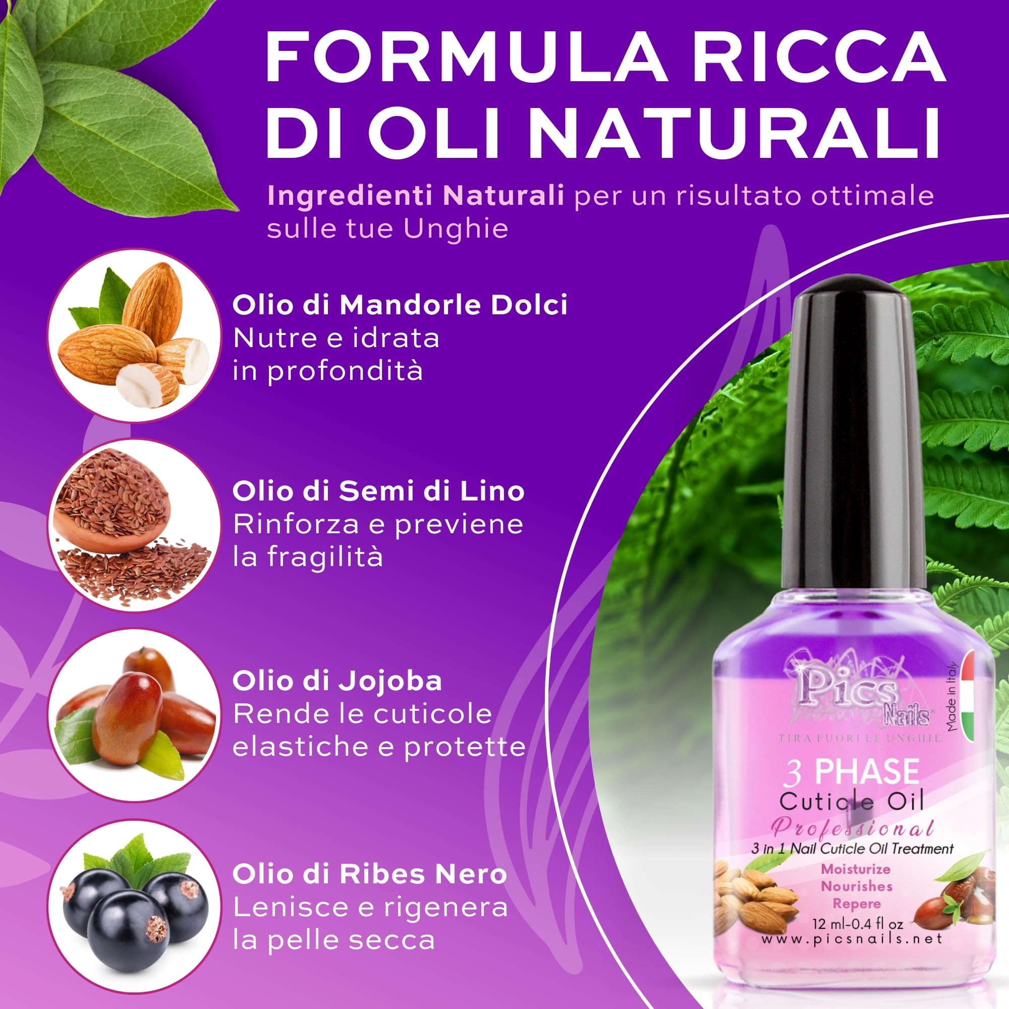 Olio Cuticole Unghie Premium 12ml | Made in Italy | Formula per Cura delle Cuticole Con Olio di Ribes Nero, Mandorle,Jojoba e Semi di Lino - Rigenerante ed Idratante per Cuticole Secche e Irritate