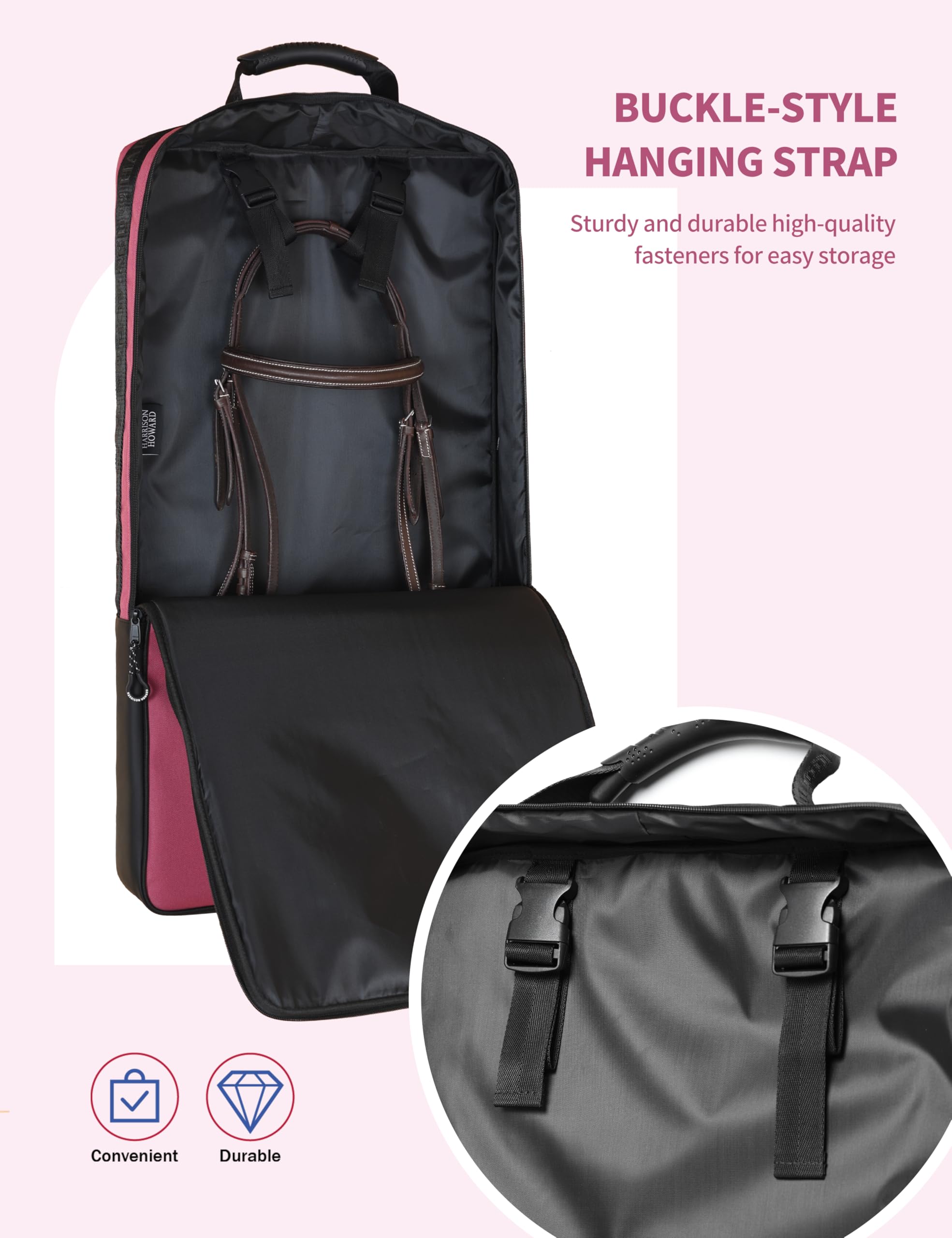 Harrison Howard Waterproof Bridle Bag Halter Bag for Horses with 3 Prong Tack Rack Sturdy Fabric Horse Tack Carry Bag Pink