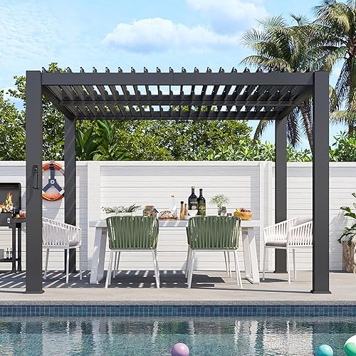 Aoxun Louvered Pergola 10' x 12' 96S Outdoor Metal Pergola with Adjustable Top for Decks, Gardens and Backyards, Easy Assembly via Structural Patent, Gray