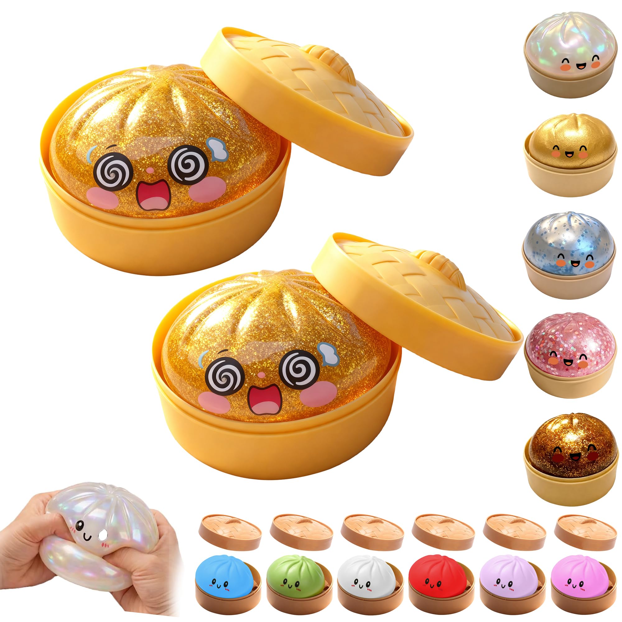 OKESYO Dumpling Squishy, 2Pcs Giant Squishy Dumpling Toy with Steamer Box, Mystery Rainbow Dumplings
