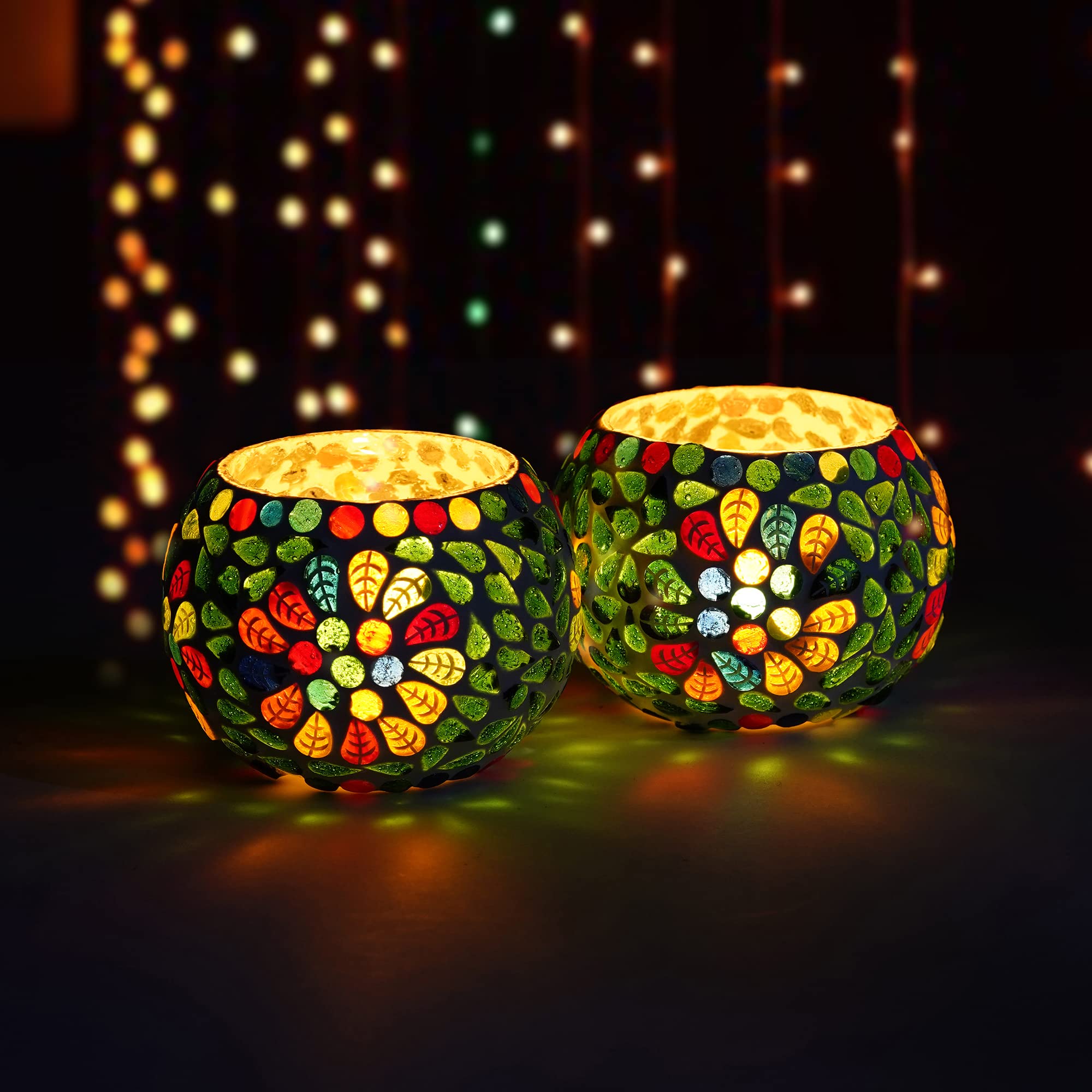 WebelKart Set of 2 Mosaic Glass TeaLight Votive Candle Holder with Tea Light Candles for Living Room Table Home Decor - Diwali Decorations Items for Home-image-49
