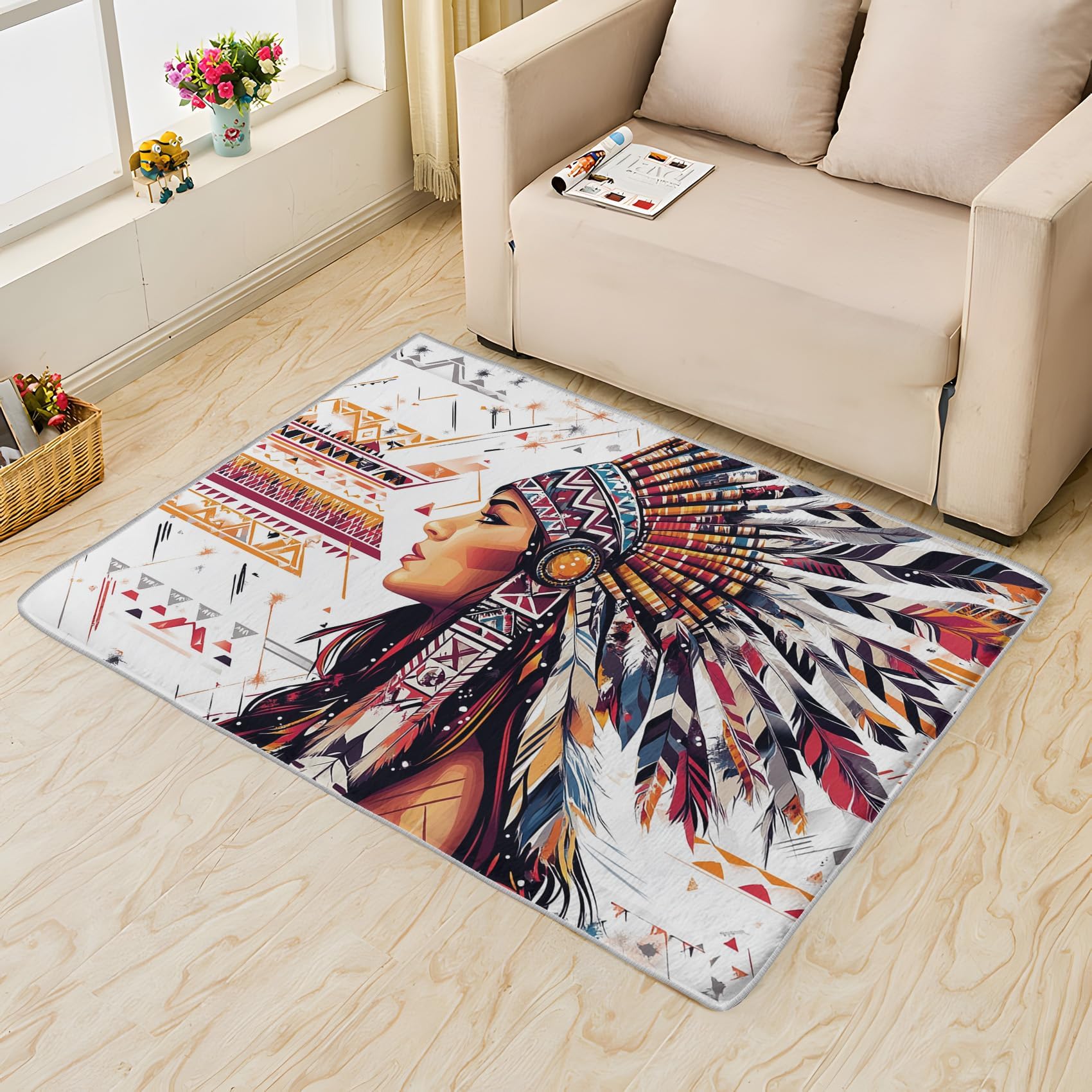 Tapis aztèque plumes 100x140 cm bohème lavable et antidérapant pour chambre
