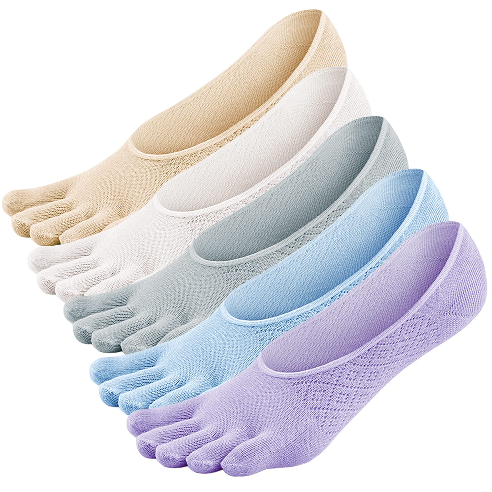 CaiDieNuNo Show Toe Socks Women, Low Cut Five Fingers Cotton Running Athletic Invisible Boat Socks, 3/6 Pairs