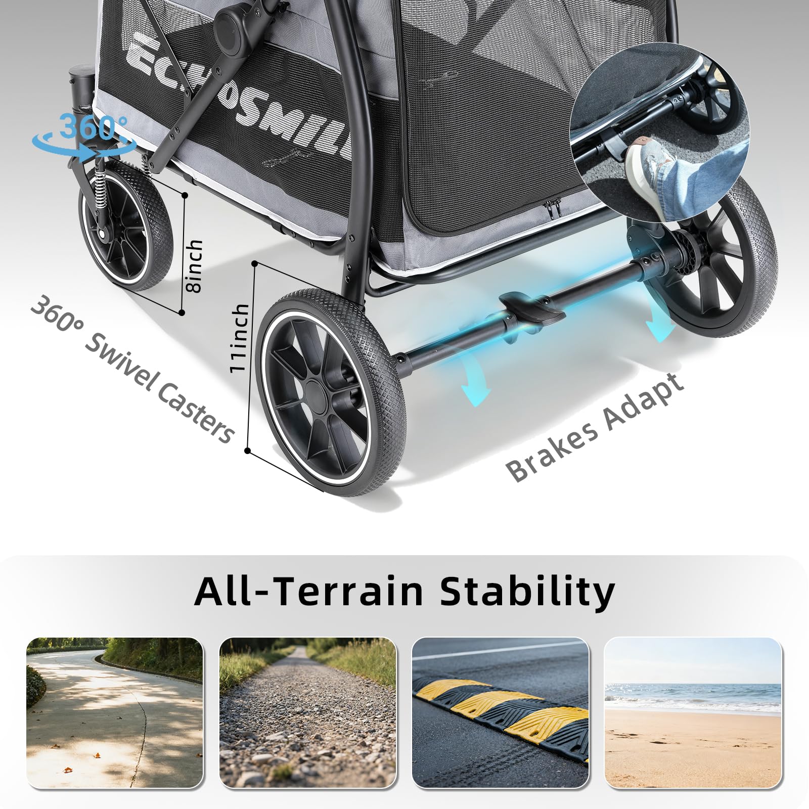 EchoSmile Hundewagen für Große Hunde bis 70kg, Faltbar Hundebuggy mit Netzfenstern, Verstellbarem Griff & 4 Geländegängige Räder, Grau + Weiß