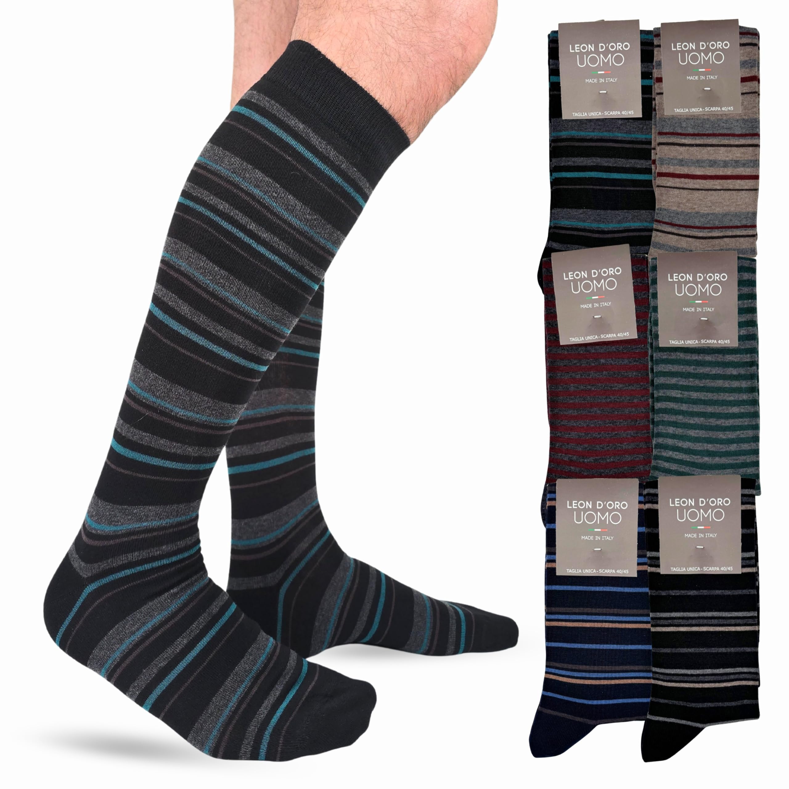 LEON D'ORO Calze Uomo Caldo Cotone Lunghe calze uomo invernali Fantasia calze Moda Made in Italy