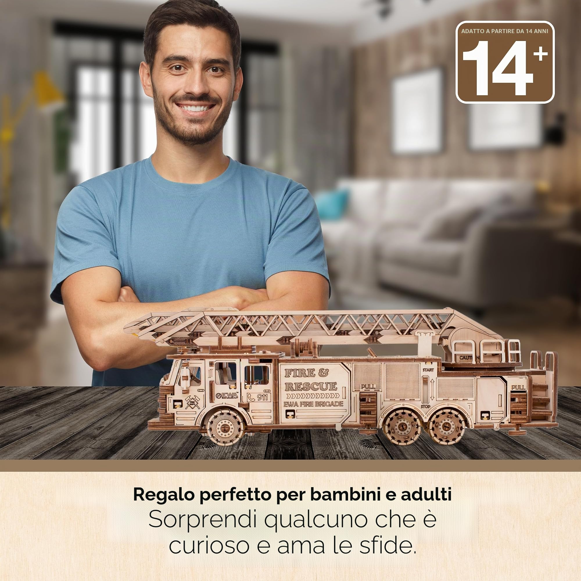 EWA Eco-Wood-Art - CAMION DEI POMPIERI - Puzzle meccanico 3D in legno - Puzzle per adulti e adolescenti - Montaggio senza colla - 439 pezzi