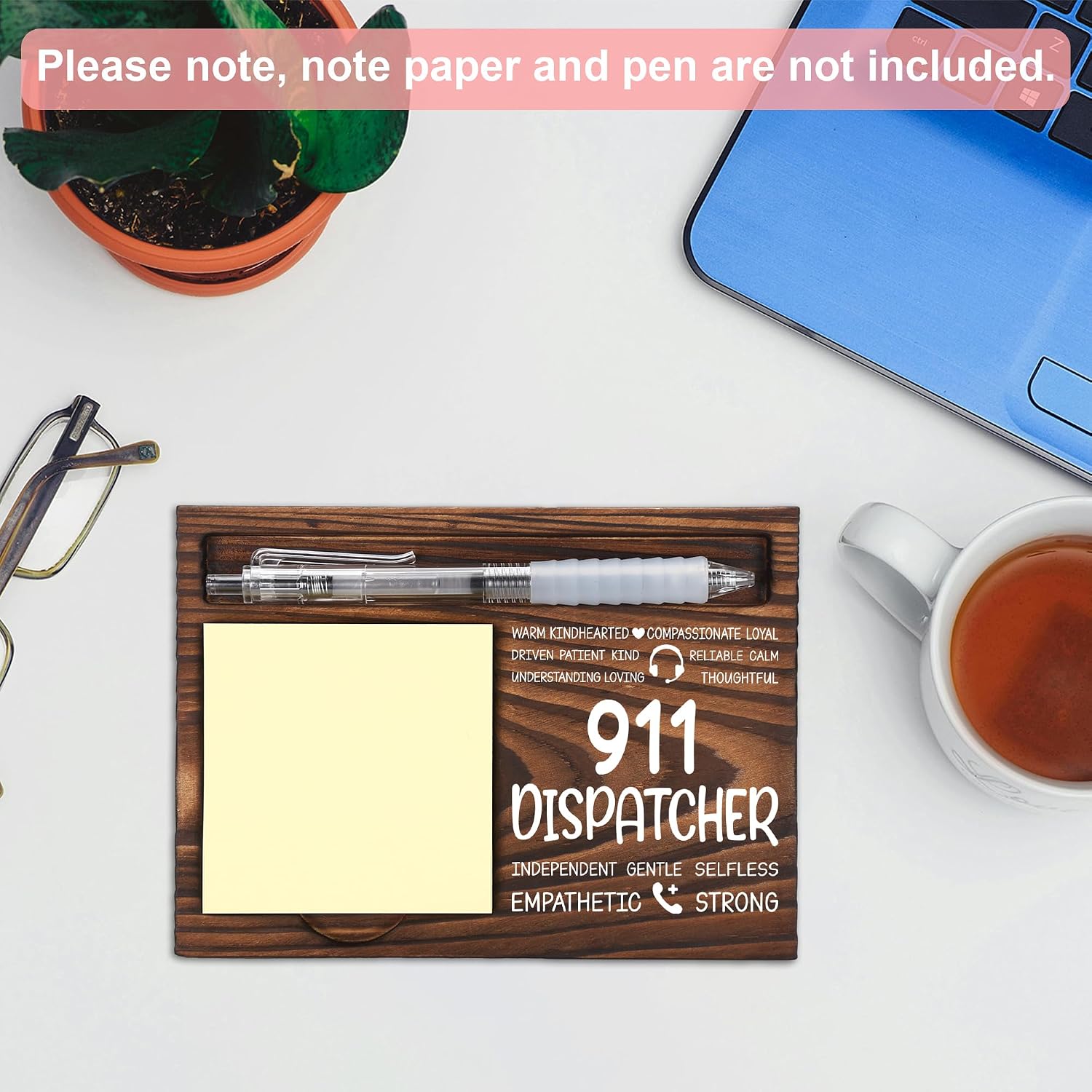 911 Dispatcher Appreciation Gifts, Thank You Gift for 911 Dispatcher, Dispatch Office Coworkers Staff Appreciation Gifts, Sticky Note Holder Wooden Notepad & Pen Holder 6.5" x 4.7" - FTA292