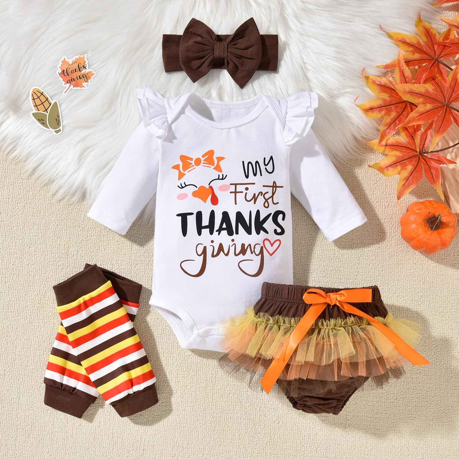 fioukiay Newborn Baby Girls Thanksgiving Clothes Outfits Infant 4pcs Turkey My First Thanksgiving Romper Shorts Clothing Sets - Image 2