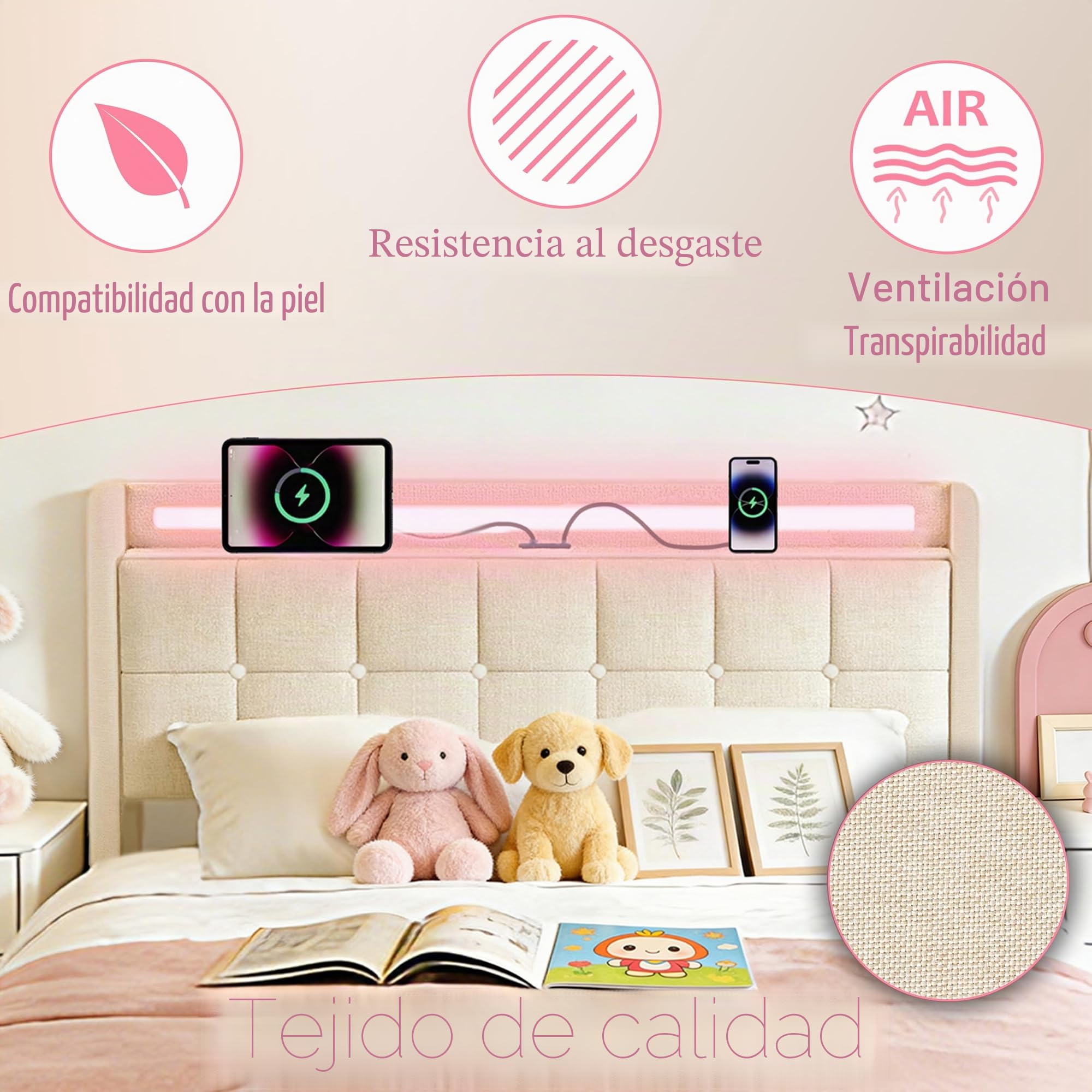 Marco de Cama tapizado, 160x200 cm, con 4 cajones de Almacenamiento, estación de Carga y cabecero LED, Cama Plataforma Moderna con Listones de Madera, Lino, Beige