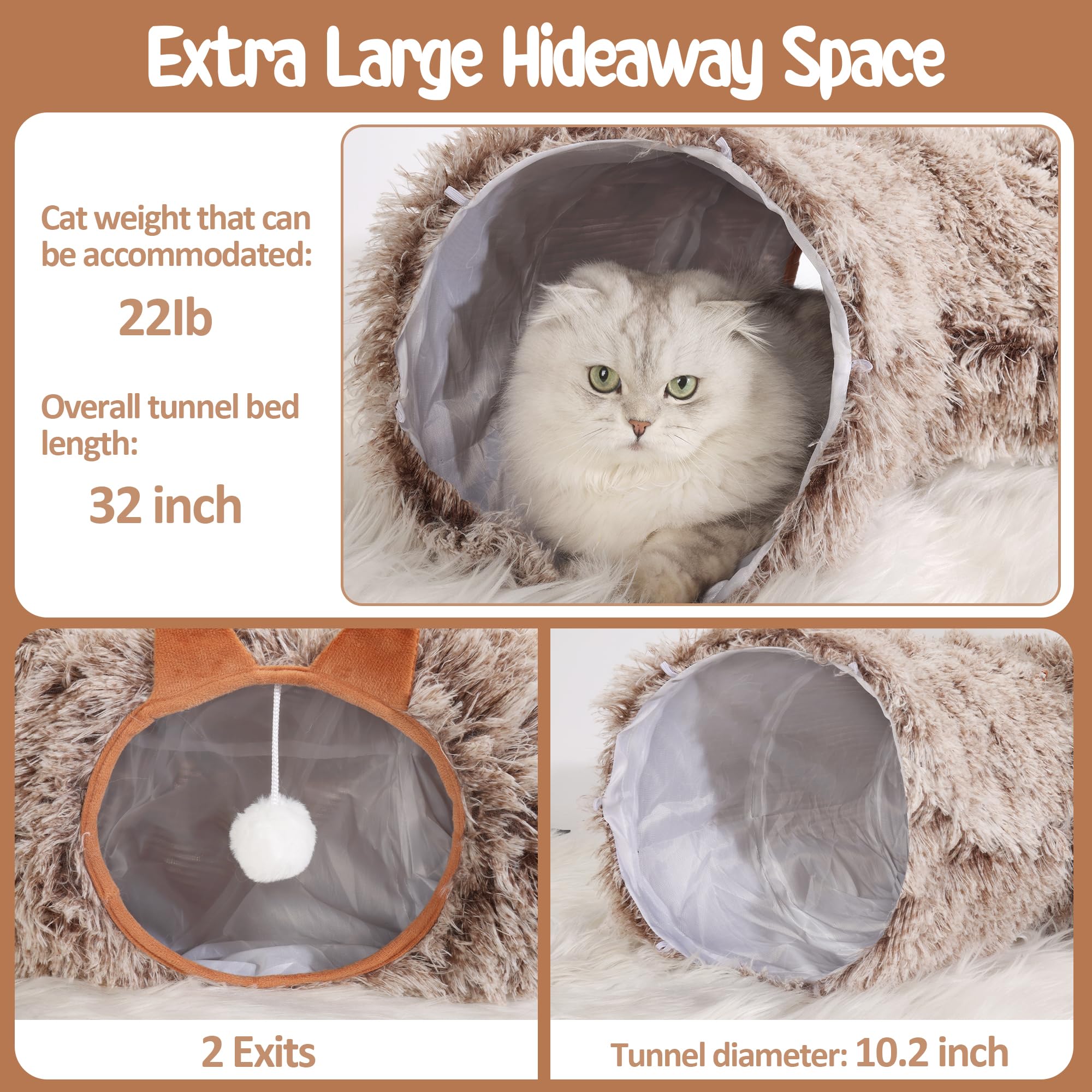 Cama tipo túnel para gatos de interior, suave felpa Peekaboo Cat Cueva Donut Túnel para gatitos, cachorros, conejos, hurones