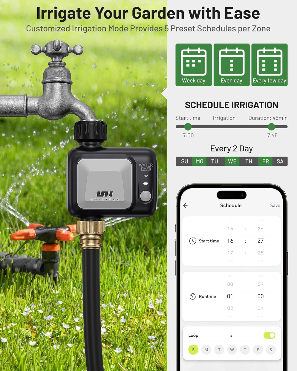 WiFi Sprinkler Timer, Unistyle Programmable Smart Water Timers, WiFi Irrigation Controller with Rain Delay, Auto Mode Manual Mode, Outdoor Hose Timer for Patio Lawns, Yards and Garden