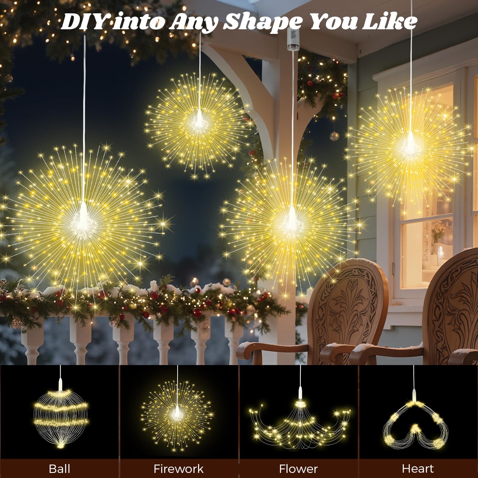 Lewondr Luci Fuochi D'Artificio Natalizi, 4PCS Luce Appendibili Fate Con Telecomando, 200 Luci LED, 8 Modalità, Luce A Stringa Stelle Impermeabili Per Interni Esterni Decorazione, Bianco Caldo