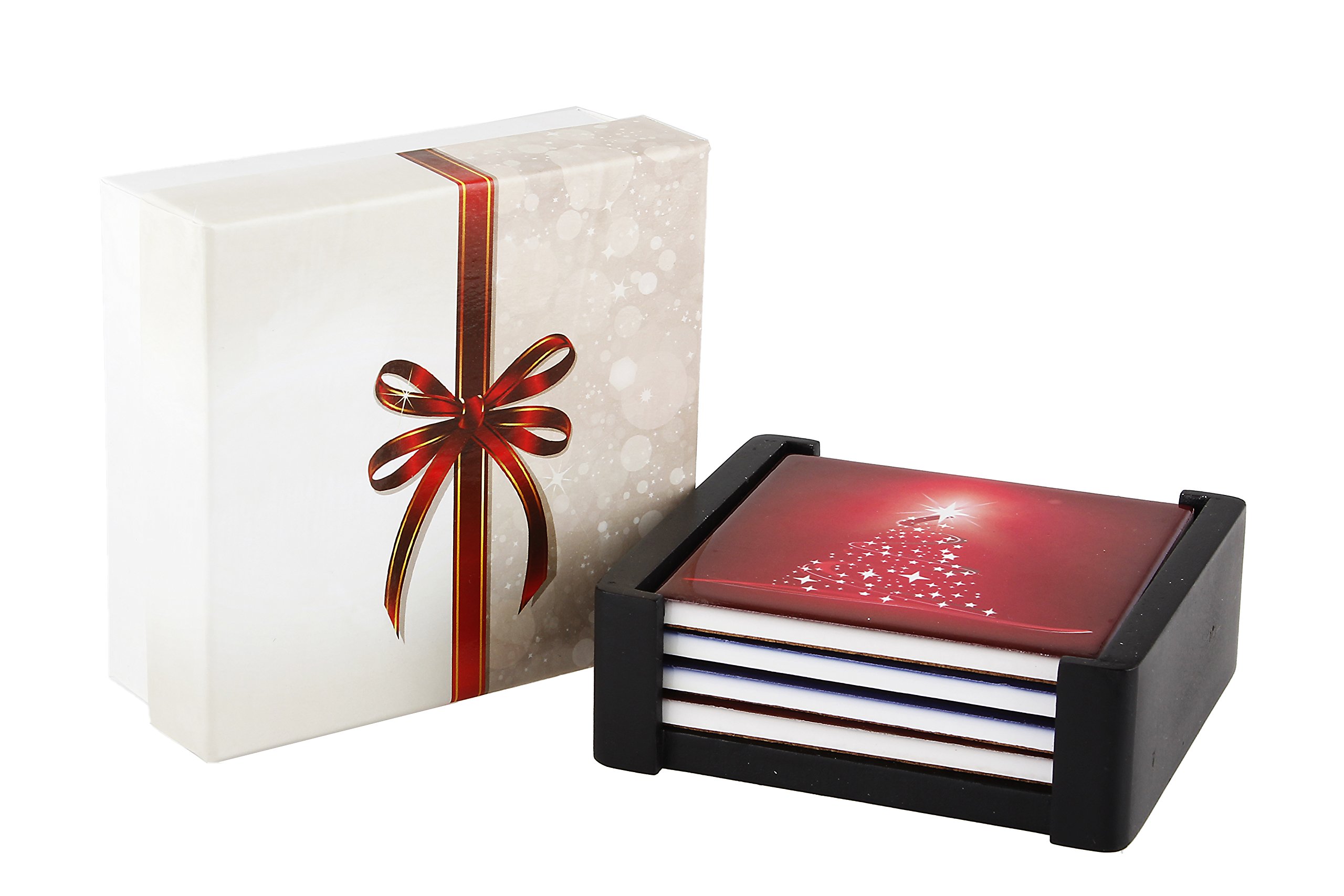 Happy Holidays Merry Christmas Designer Ceramic Coaster Set (4 Coasters, Red and Blue Colors, Each Almost 4 X 4 inches) with Matching Wooden Coaster Holder. (Red and Blue)