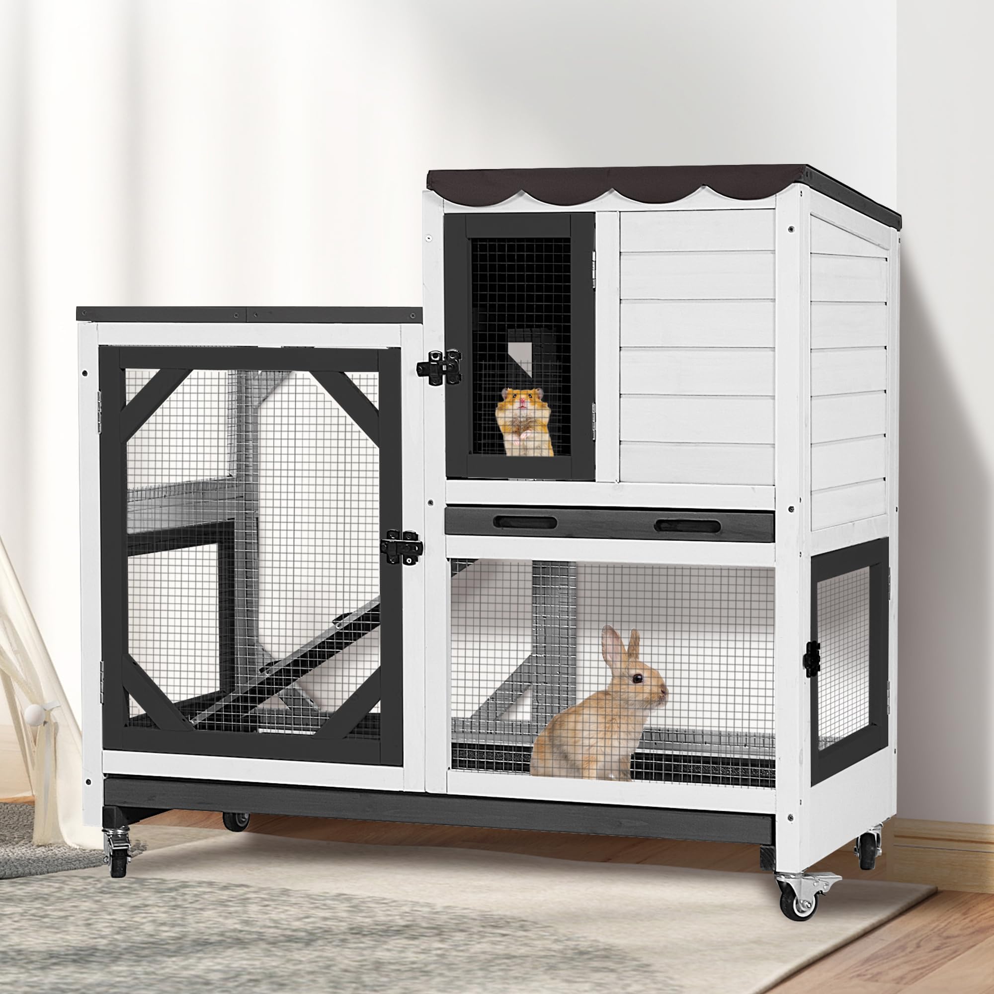 GUTINNEEN Duplex Rabbit Hutch Indoor with Chew-Proof Frame & 2 Leak-Proof Sliding Trays, Rain Cover, Wooden Guinea Pig Cages with Wheels - Black and White