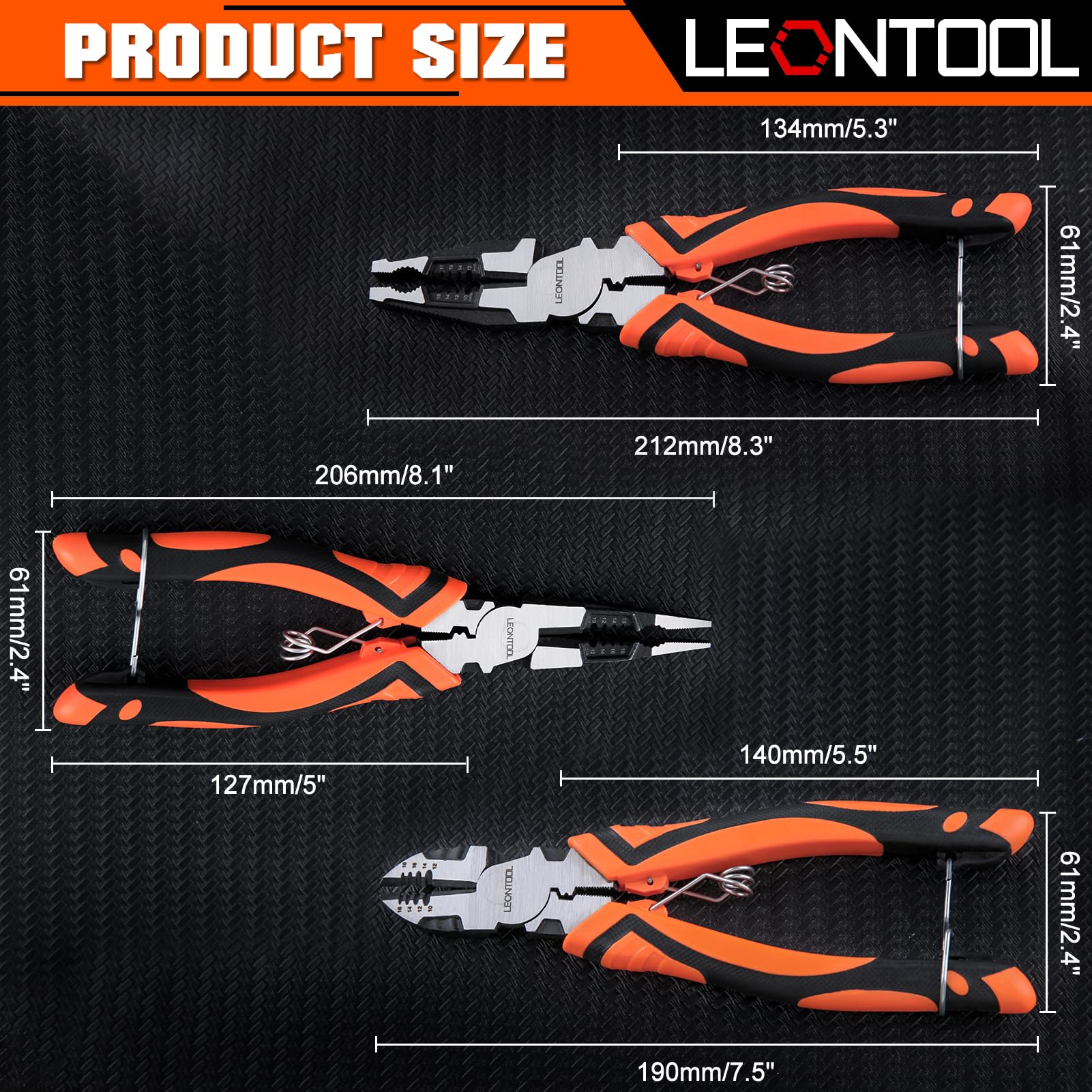 LEONTOOL Set di 3 pinze, 6 in 1 multifunzione spelafili, con pinze a becco lungo, pinze da taglio diagonale, pinze per elettricisti da 20,3 cm, set di utensili manuali per riparazioni di base