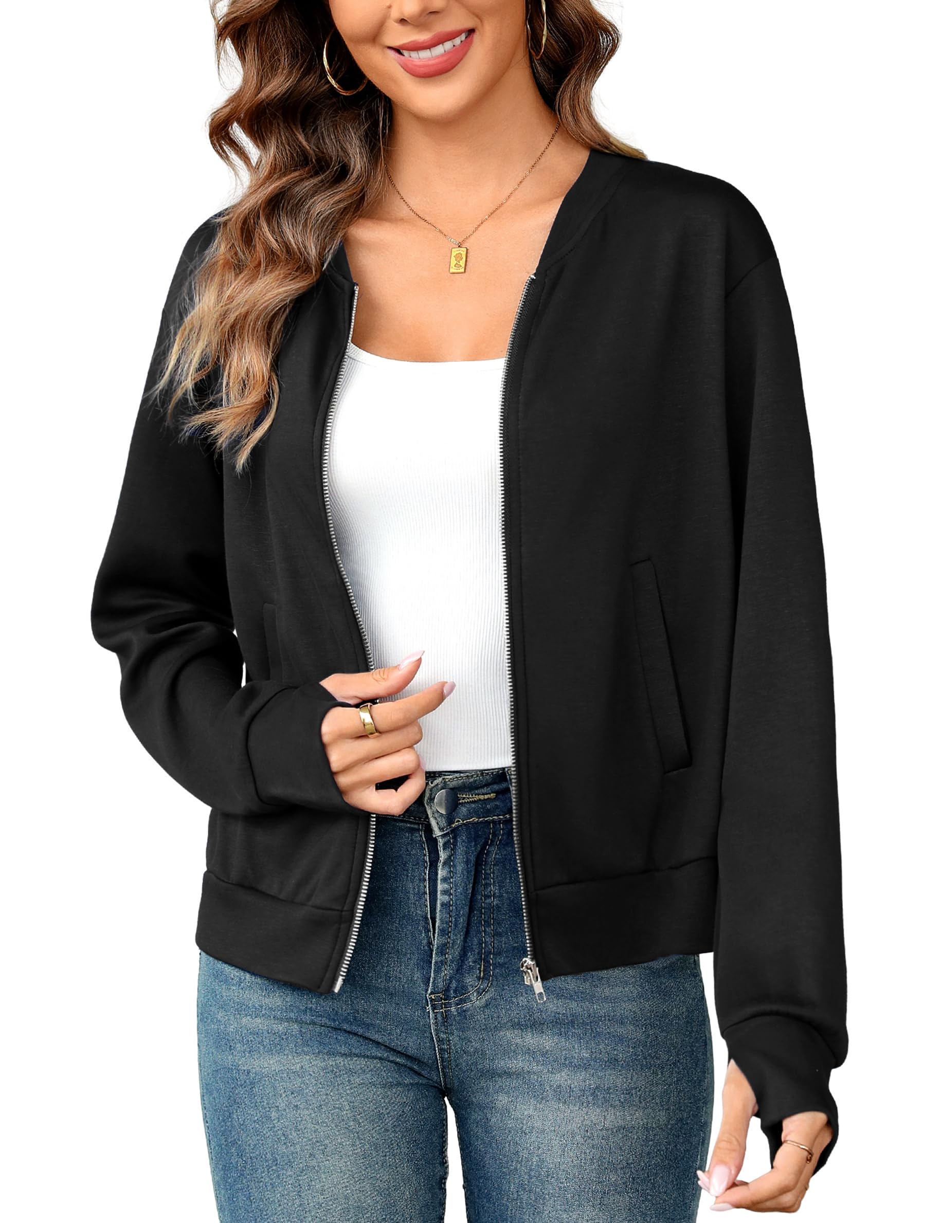 Totatuit Womens Long Sleeve Zip Up Cardigan Jacket Outfits Crewneck Casual Bomber Coat Lightweight Sweatshirts