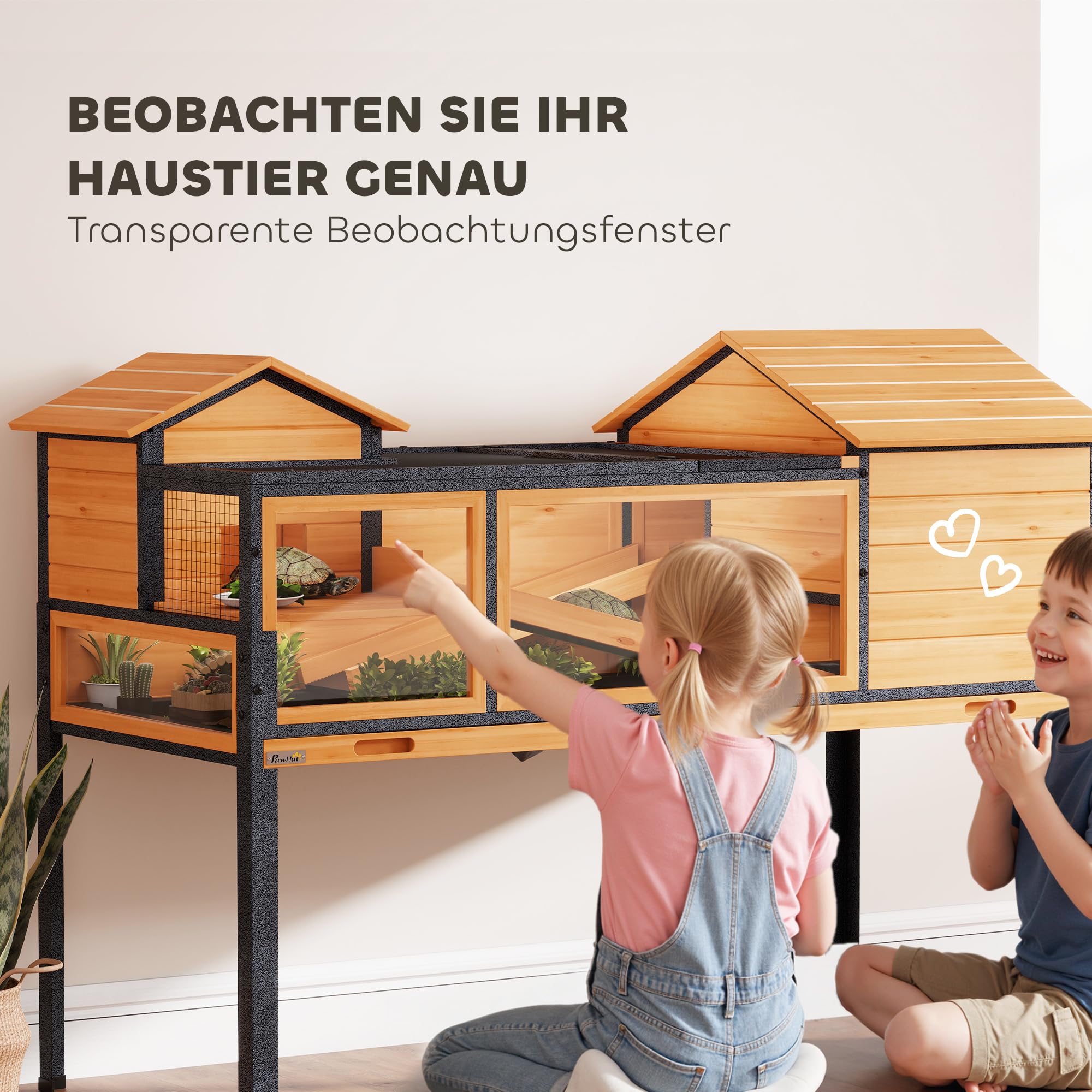 PawHut Schildkrötenhaus aus Holz 128x63x96cm Gelb mit 2 Haupthäusern, 2 Etagen, aufklappbarer Deckel