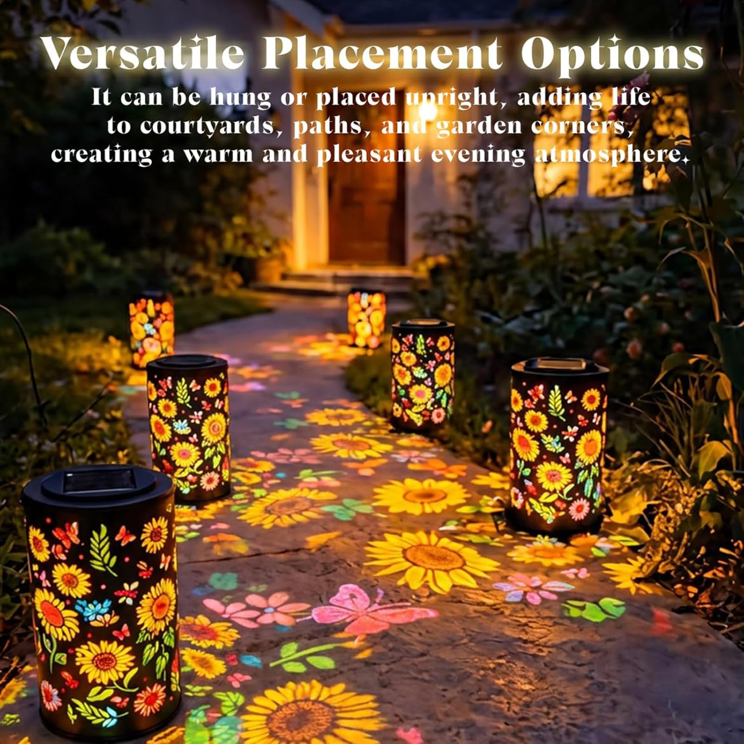 Solar Lights for Outdoor Use, Sunflower Solar Lights for Outdoor Hanging, Metal Solar Lantern with Sunflower Silhouettes, IP65 Waterproof Solar Lantern for Outdoor Garden Patio Yard Balcony (F)