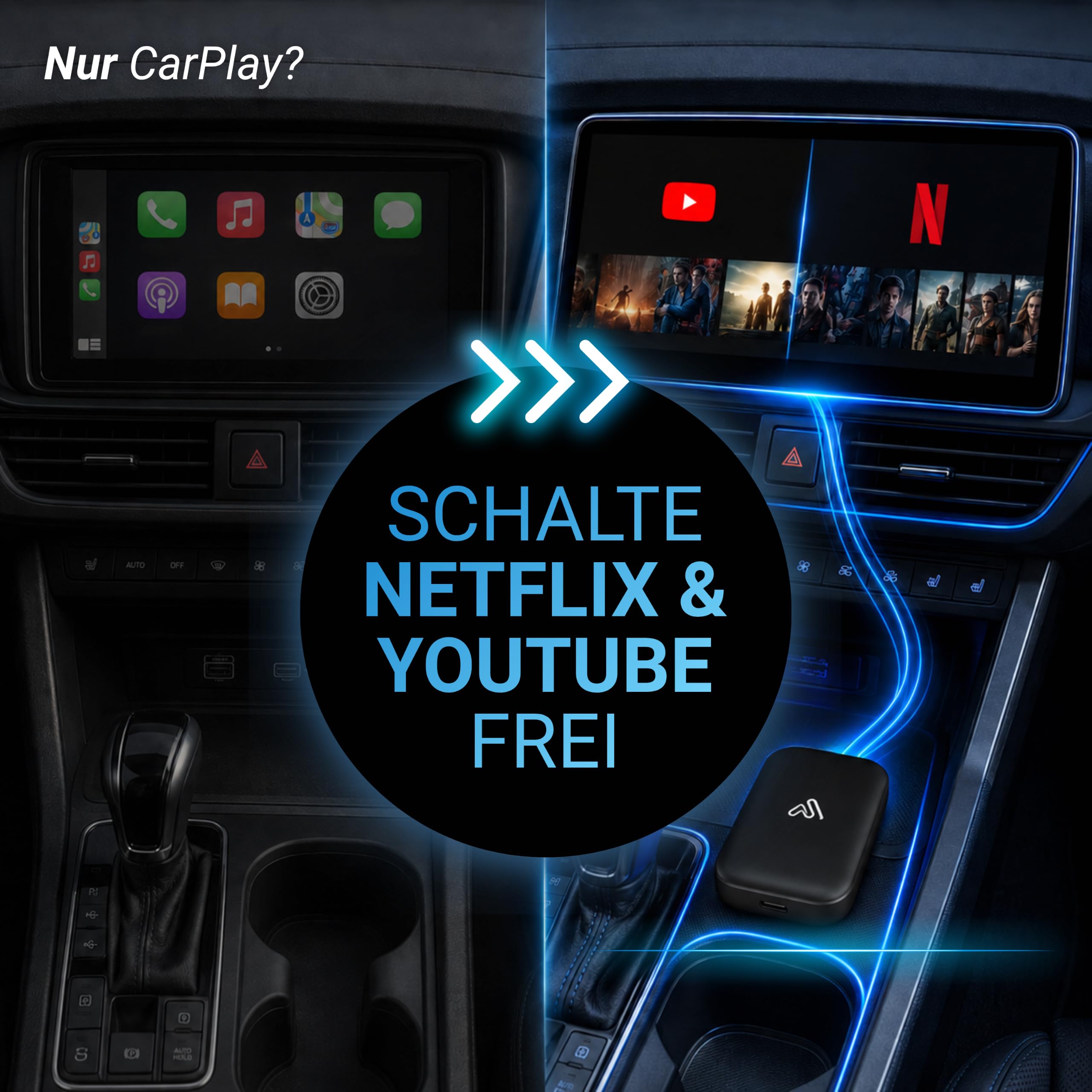 AutoSky Wireless CarPlay & Android Auto AI Box Lite für Fahrzeuge mit Wired CarPlay - Mit Netflix & YouTube - Hotspot Erforderlich - Plug & Play