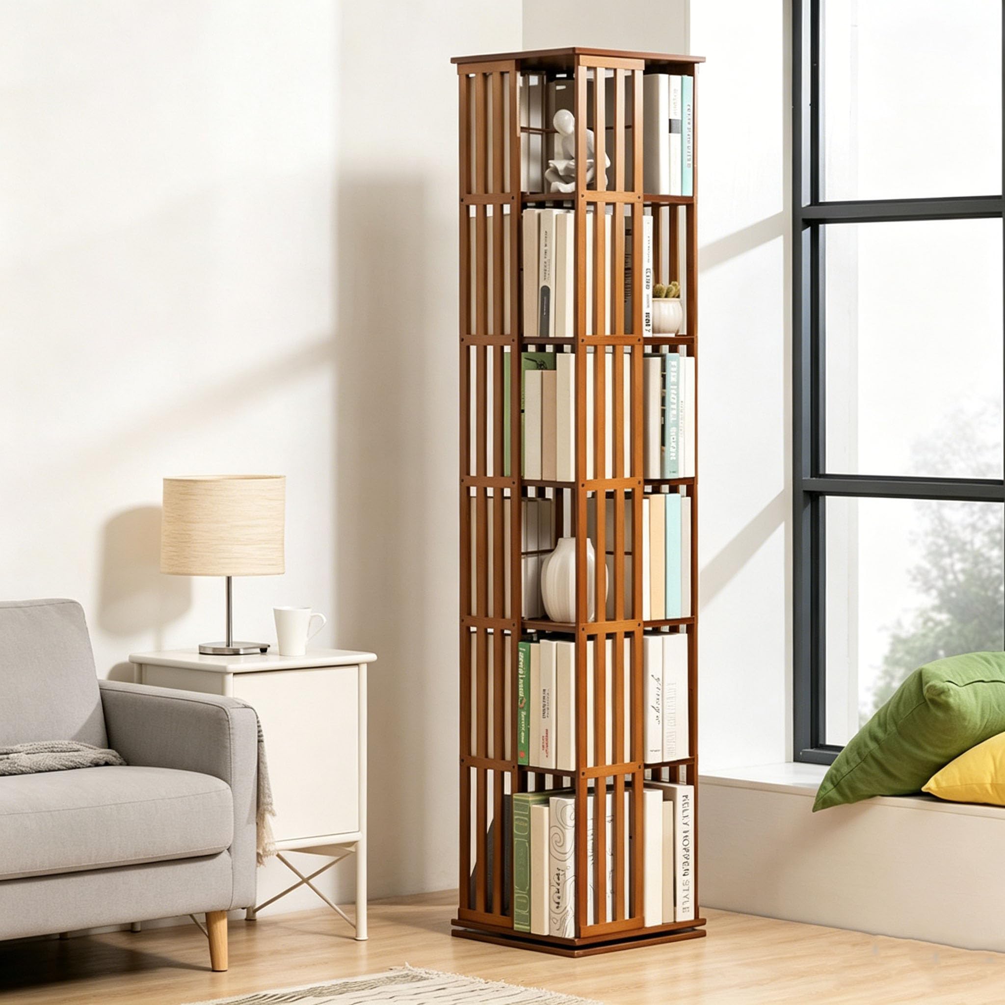 Librería giratoria 360° estantería vertical de bambú 6 niveles para oficina