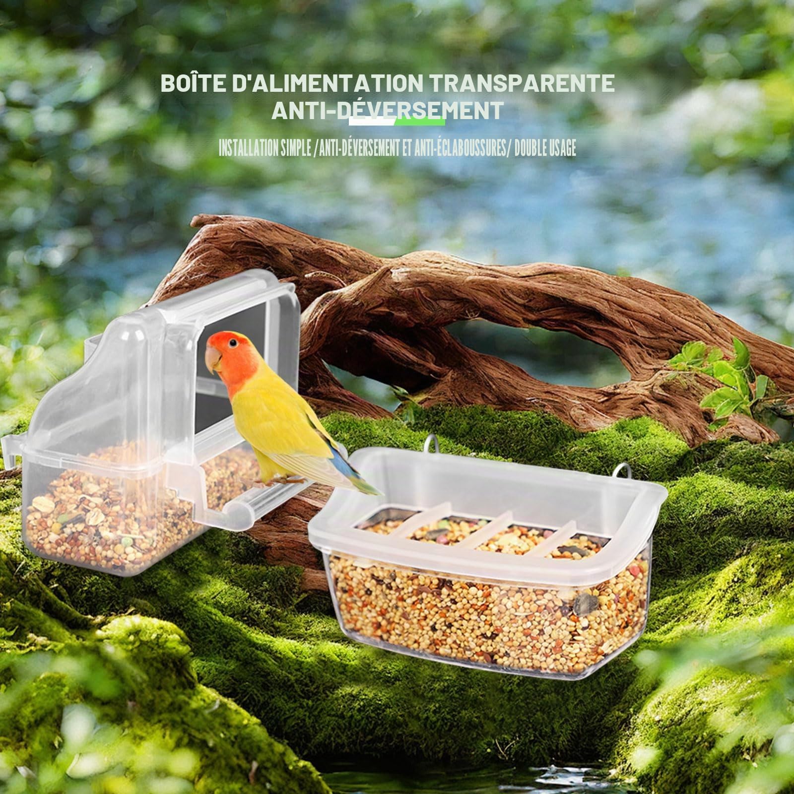 Lot de 2 mangeoires en plastique pour cage à oiseaux, mangeoires à suspendre pour perroquets, petits oiseaux, perroquets, calopsittes, pigeons, canaris (transparent)