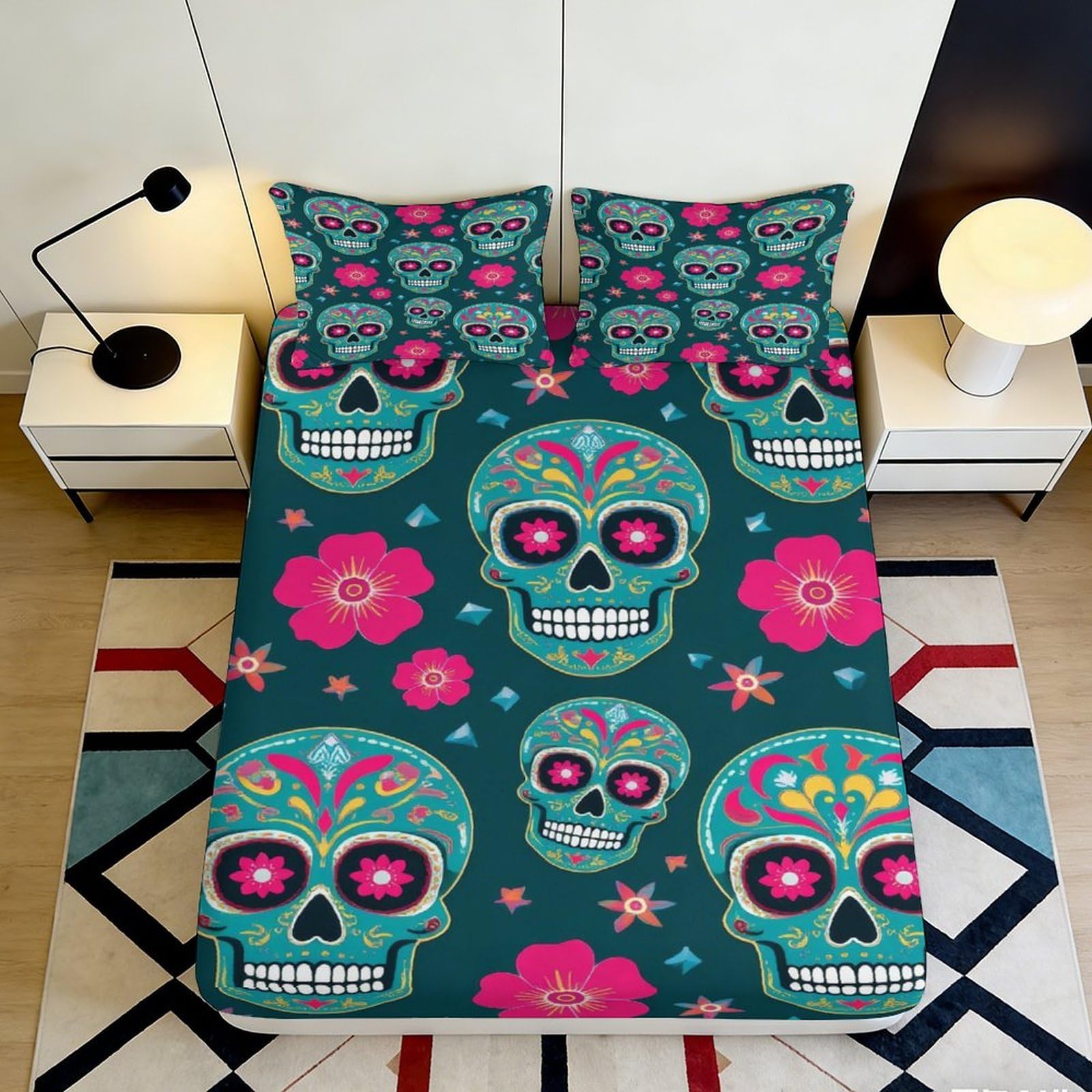 3D Printed Sugar Skull Fitted Sheet Microfiber Floral Bed Cover for Bedroom Dorm Protects Mattress Decor 90x200x25cm