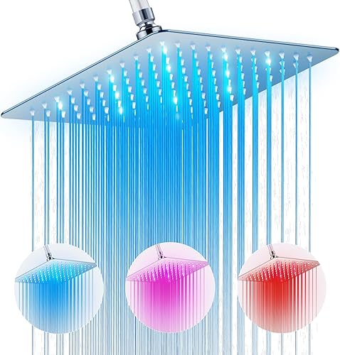 Cabezal de ducha de lluvia de alta presión de 10 pulgadas con LED, cabezal de ducha fijo cuadrado cromado antiobstrucción, rótula de latón ajustable