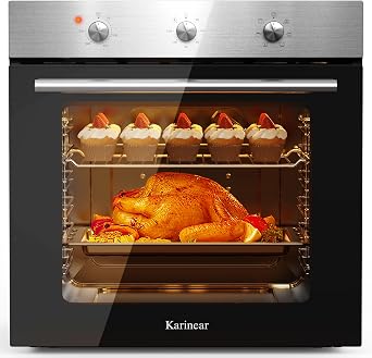 Karinear Electric Oven 60L Built in Knob Control 6 Functions 2200W Plug and Play 60cm Wide Oven with 120 Timer Sliver [Energy Class A+++]