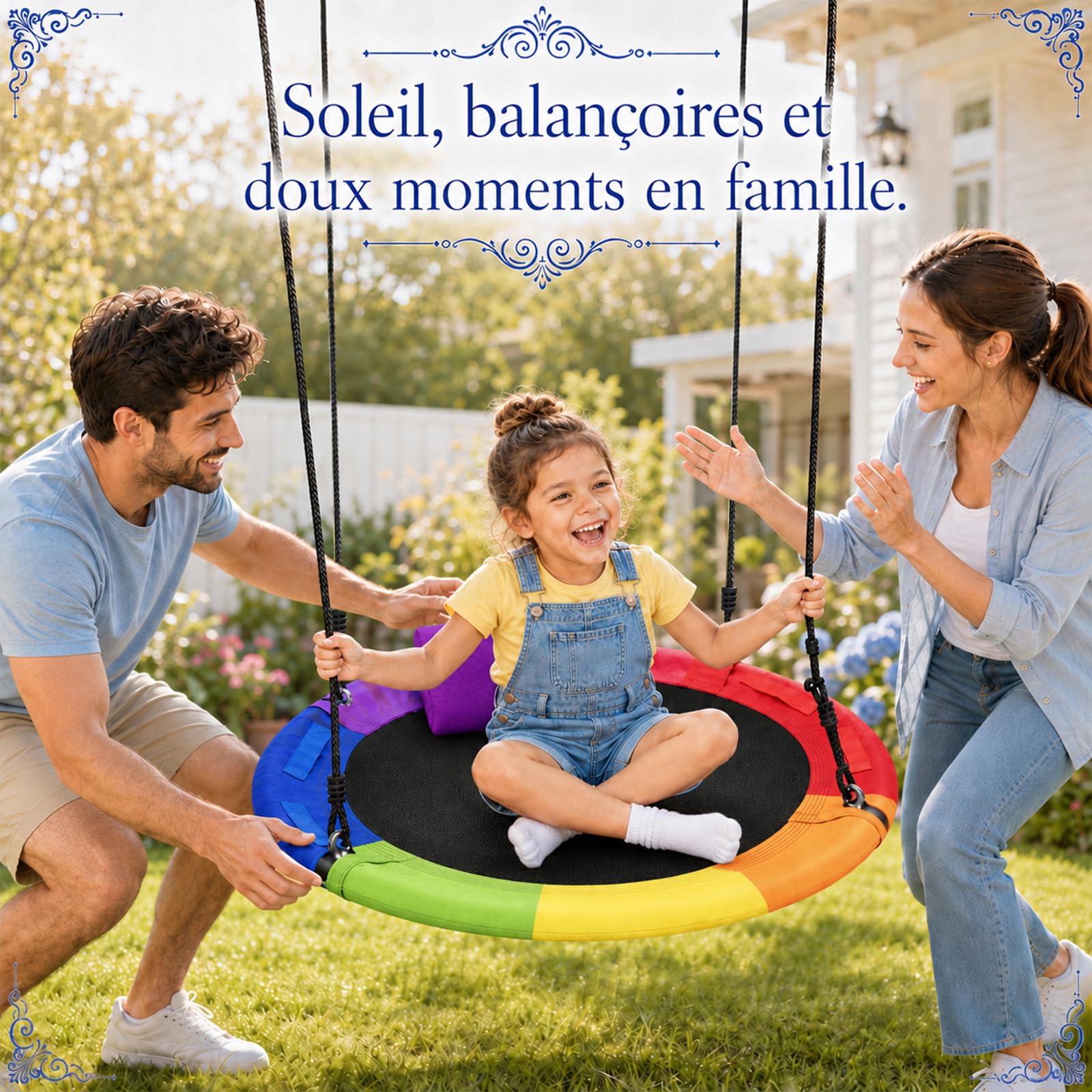 Balancoire Nid d'Oiseau Extérieur 100cm, Balançoire Nid d’Oiseau Jardin Rond Capacité Max. 300 kg avec Guirlande Lumineuse, Pivotante à 360° et Kit de Montage pour Enfants et Adultes (Rouge)