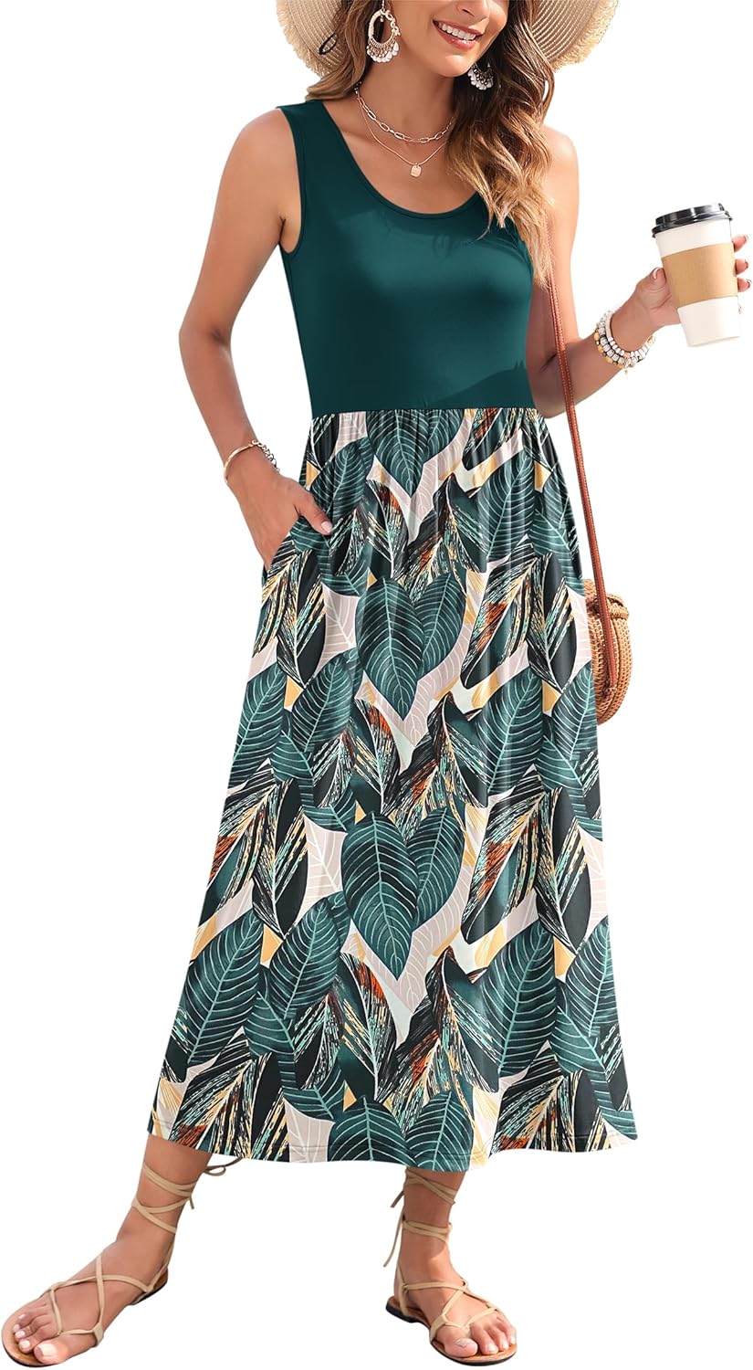 WNEEDU Women's Summer Maxi Dress 2026 Casual Sleeveless Hawaiian Sundress Tropical Long Dress Beach Vacation Outfit