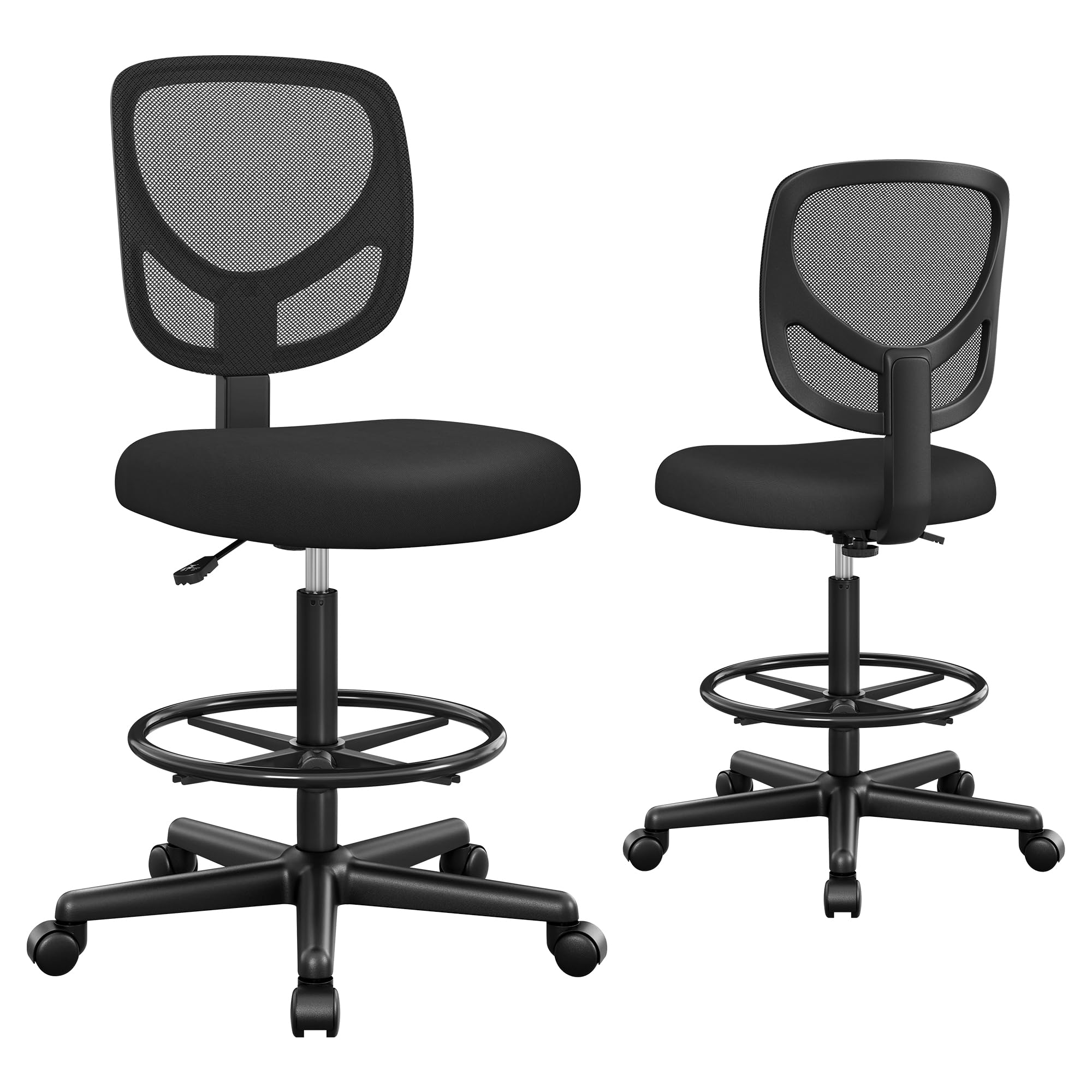 SONGMICS Drafting Stool Chair, High Office Chair, Ergonomic Painting Chair with Adjustable Height Footrest, Standing Desk Chair, Seat Height 55-75 cm, Loading Capacity of 120 kg, Black OBN15BKUK